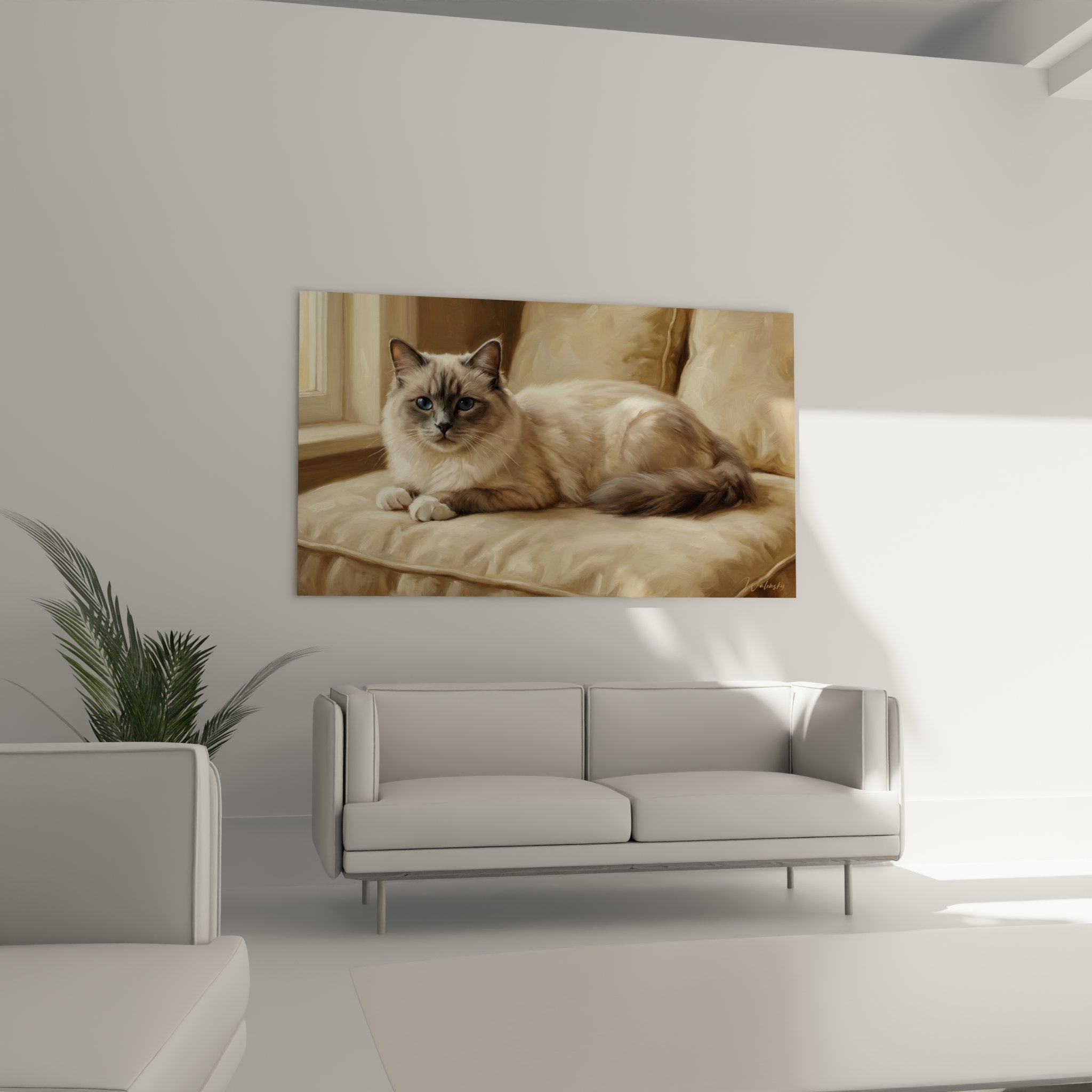 Dettaglio ritratto gatto Birmano con magnifici occhi blu zaffiro, manto setoso crema e grigio