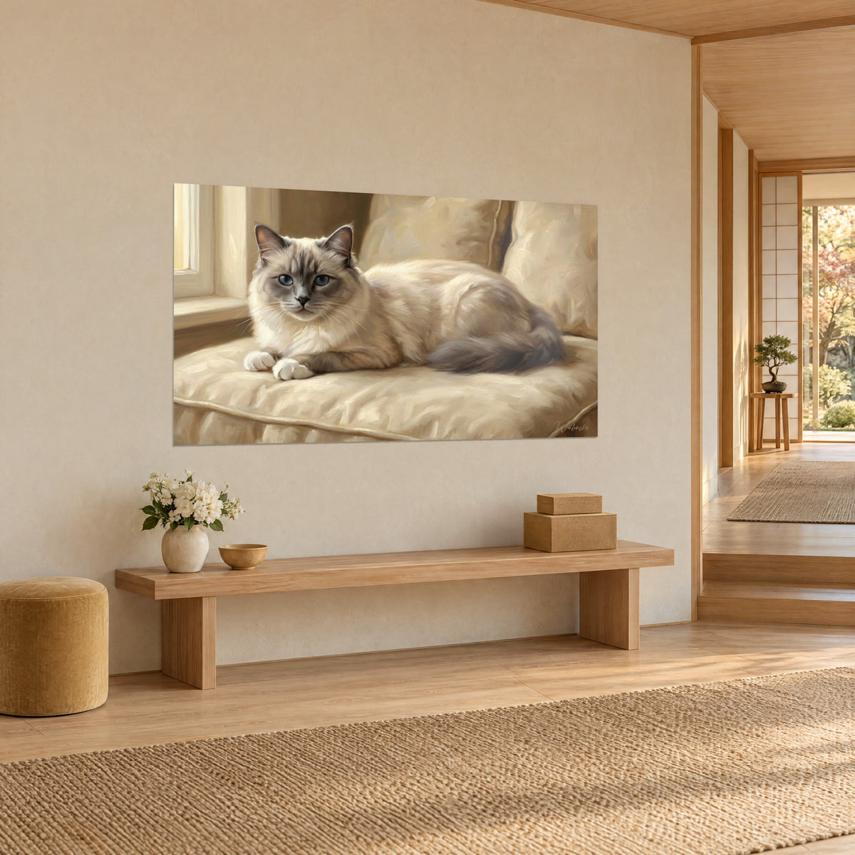 Πίνακας γάτα ragdoll με ιβουάρ γούνα και λευκά πόδια, ξαπλωμένη σε χρυσό μαξιλάρι, τριών τετάρτων όψη σε διάδρομο από ανοιχτόχρωμο ξύλο
