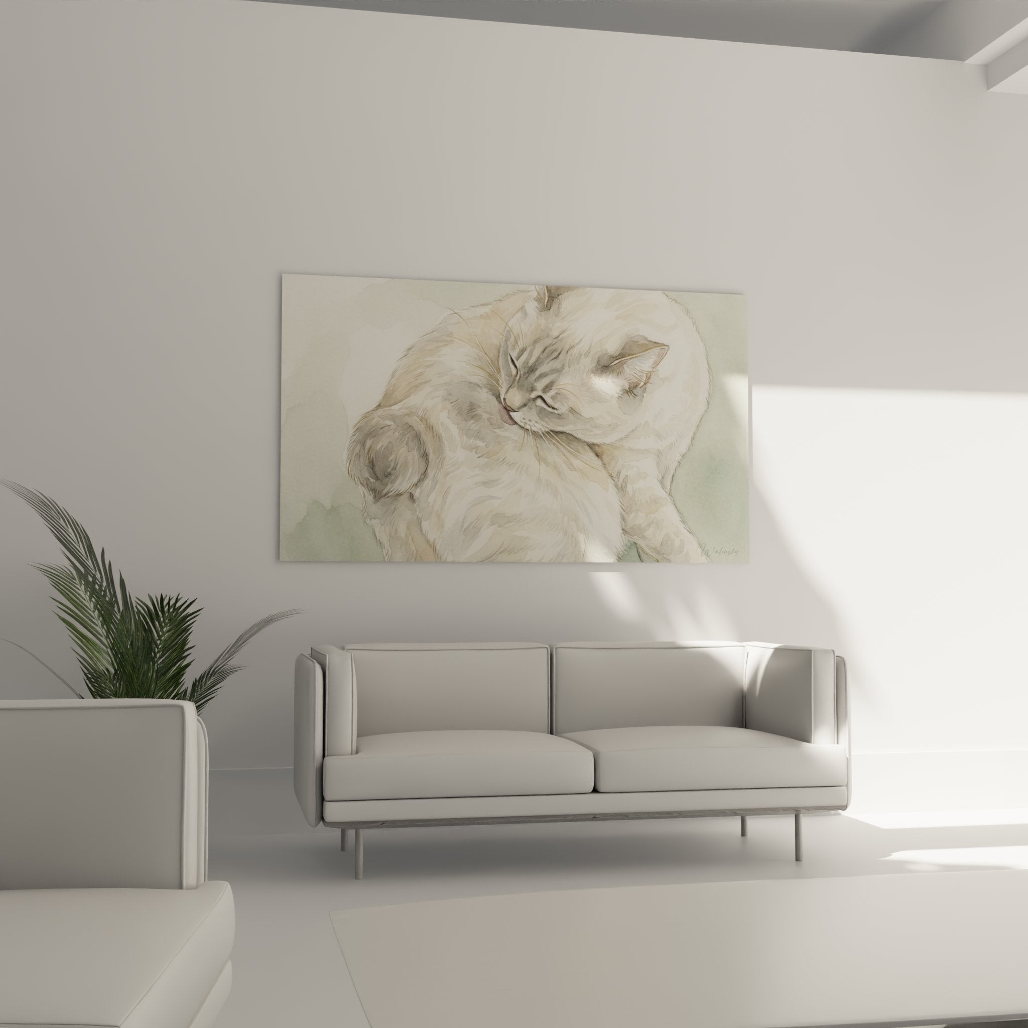 Dettaglio ravvicinato del quadro che mostra la finezza dei tratti del gatto Manx e la qualità della stampa