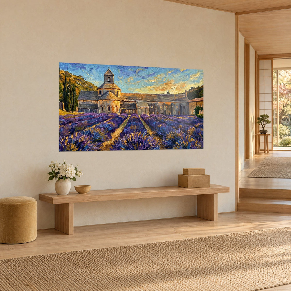 Cuadro monasterio cisterciense con tejados de piedra gris, hileras de lavanda malva y cielo anaranjado, vista de tres cuartos, banco de madera
