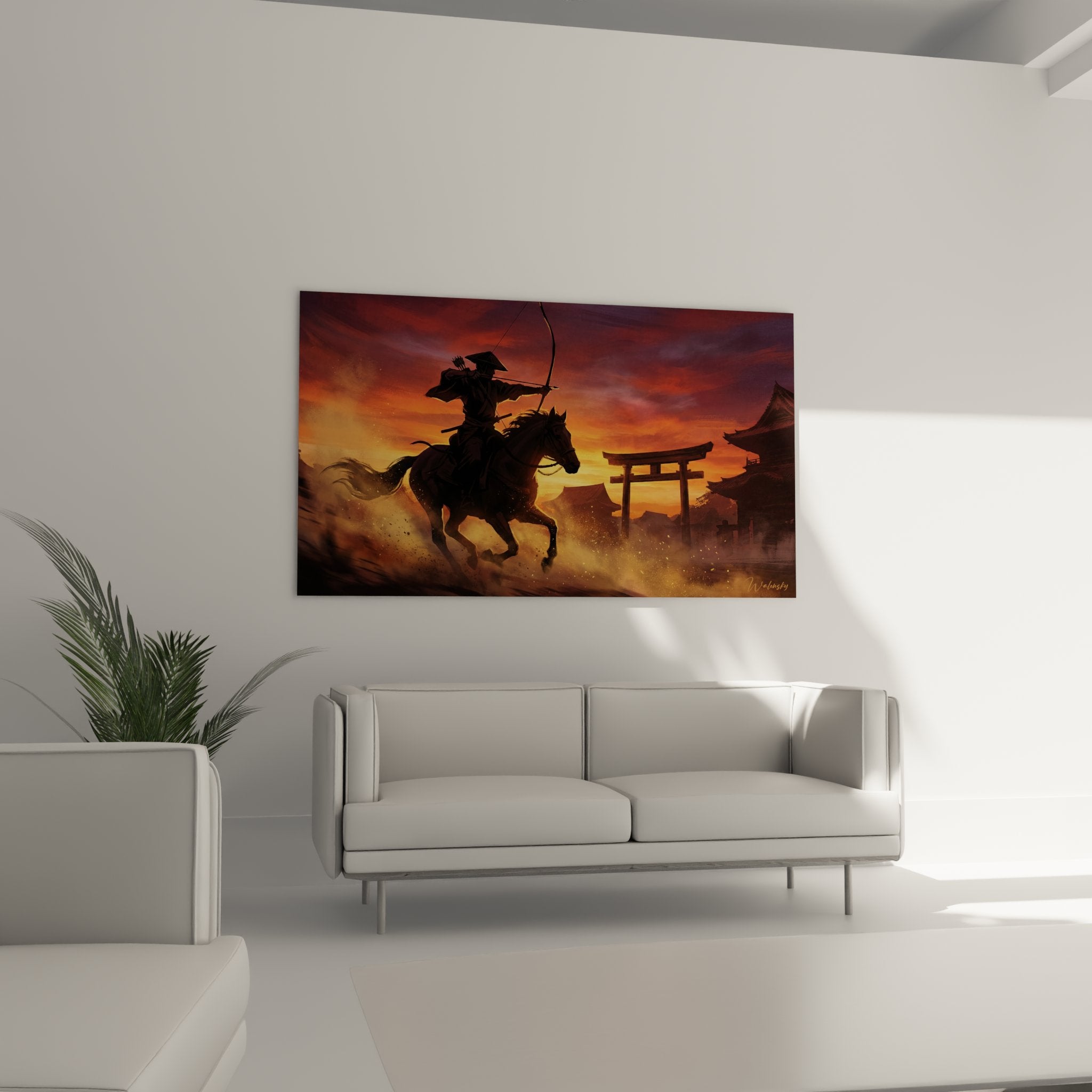 Dettaglio quadro arciere samurai che tende il suo arco tradizionale montato su cavallo al galoppo, sfumature arancioni