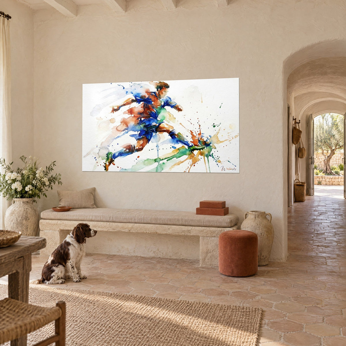 Schilderij van een springende voetballer in spatten van ultramarijn en gebrand oranje, muur van een Provençaals landhuis, spaniël zittend ervoor