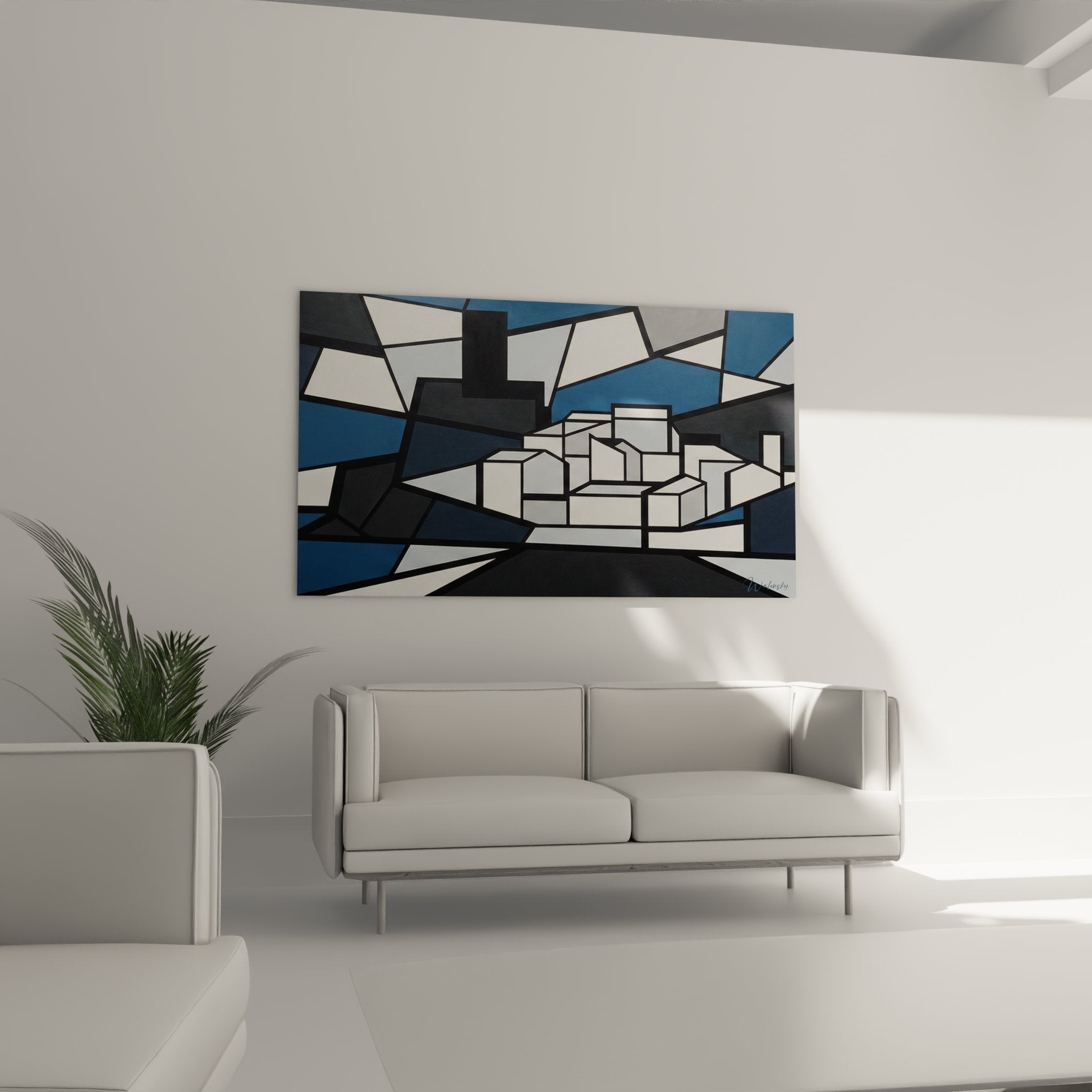 Detail tableau cubiste moderne architecture geometrique lignes noires formes blanches bleues art contemporain