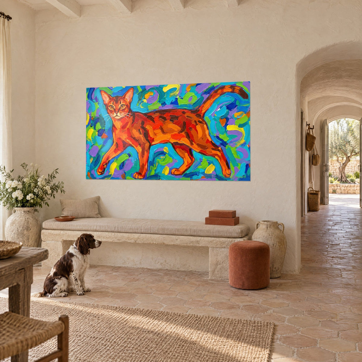 Wall art copper-coloured feline with amber eyes, yellow and blue brushstrokes, spaniel sitting beside a stone bench at the farmhouse