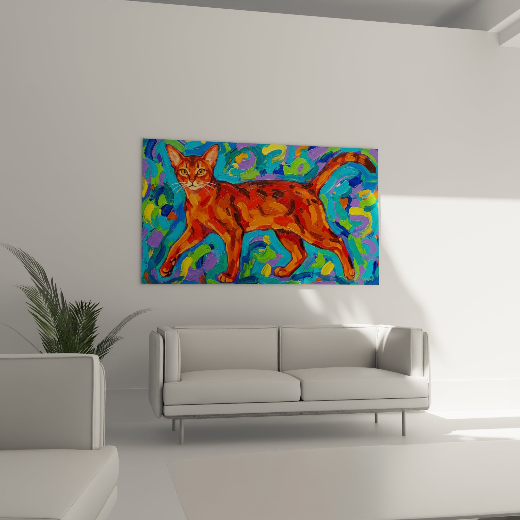 Detail of the painting showing brushstrokes and vibrant colors of the Abyssinian cat