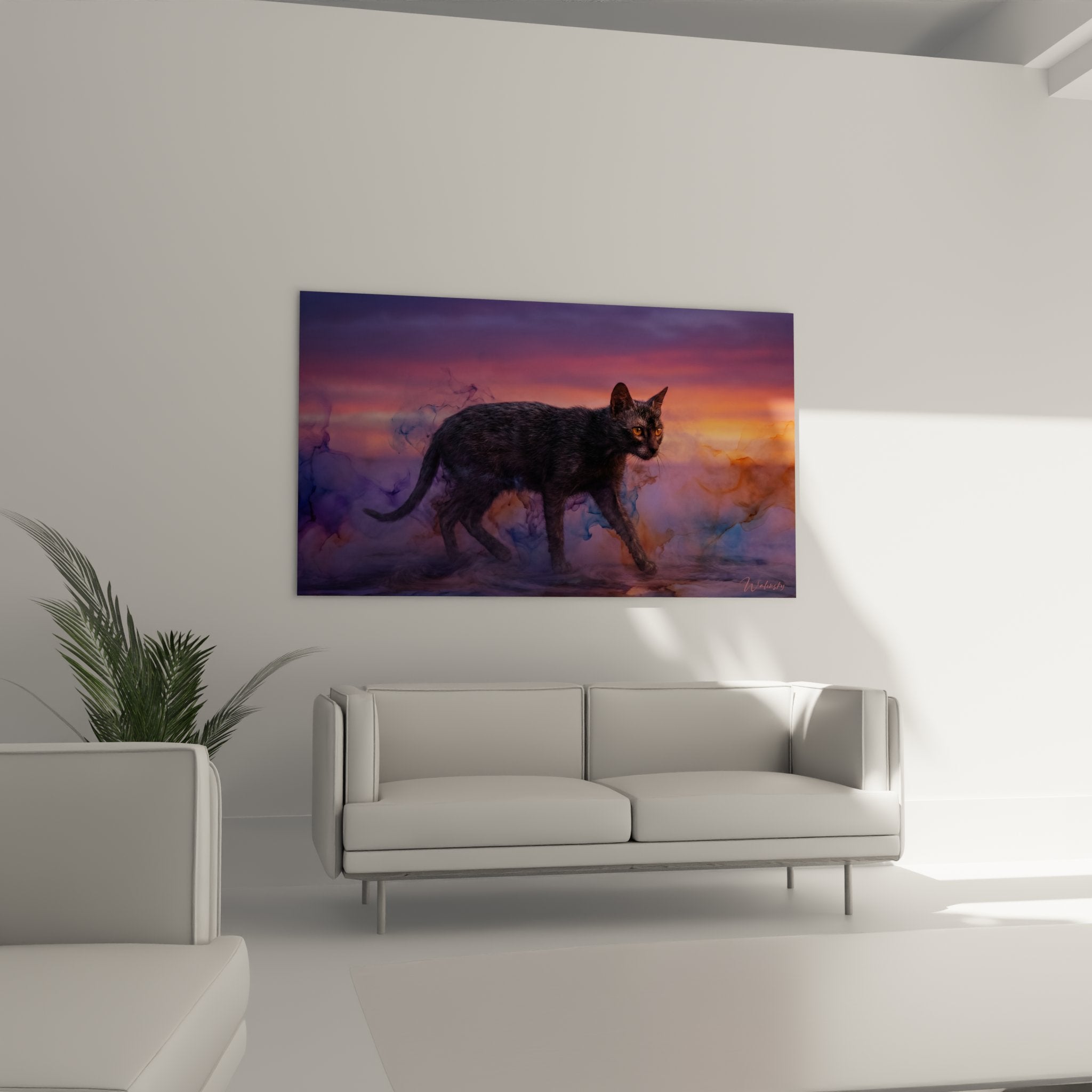 Primo piano quadro gatto Lykoi pelo scuro occhi dorati dettaglio artistico pittura felina premium