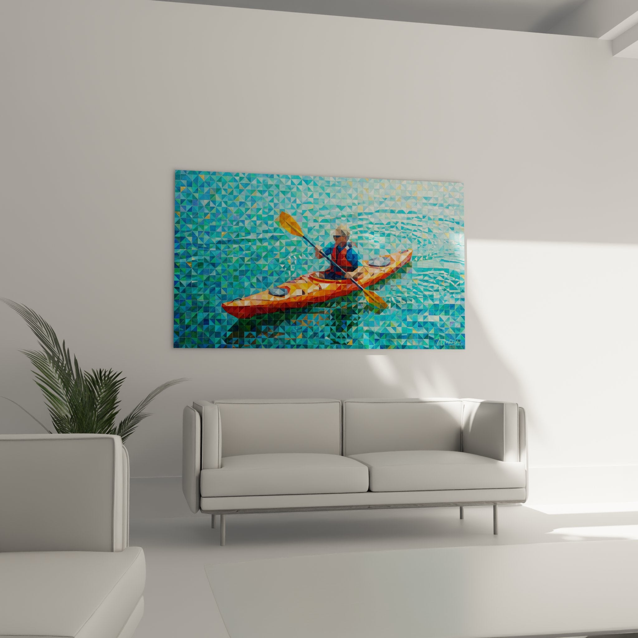 Détail proche tableau kayak géométrique, fragments triangulaires colorés orange et bleu