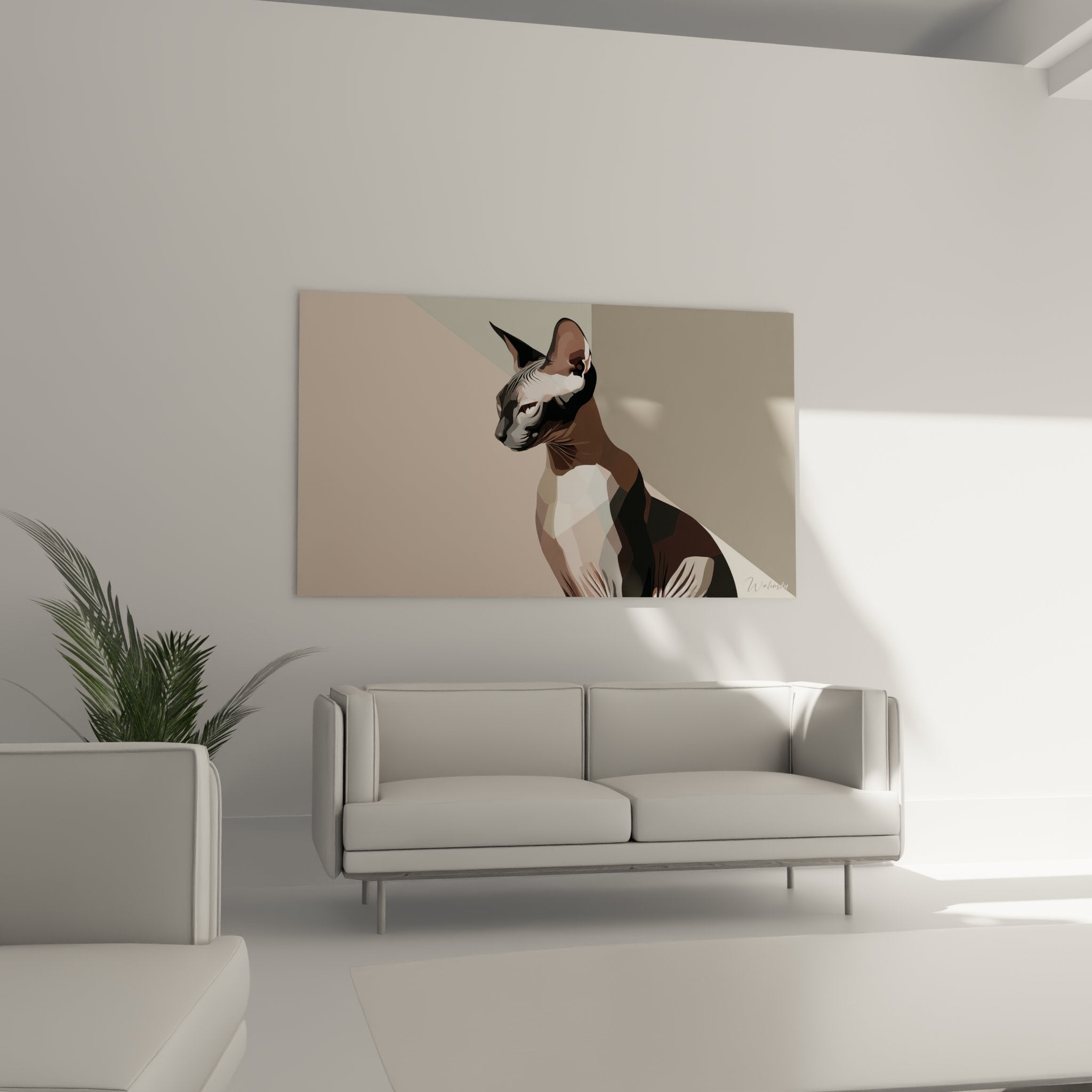 Dettaglio ritratto gatto Sphynx arte geometrica, sfaccettature colorate stile low-poly tonalità beige rosa bianco