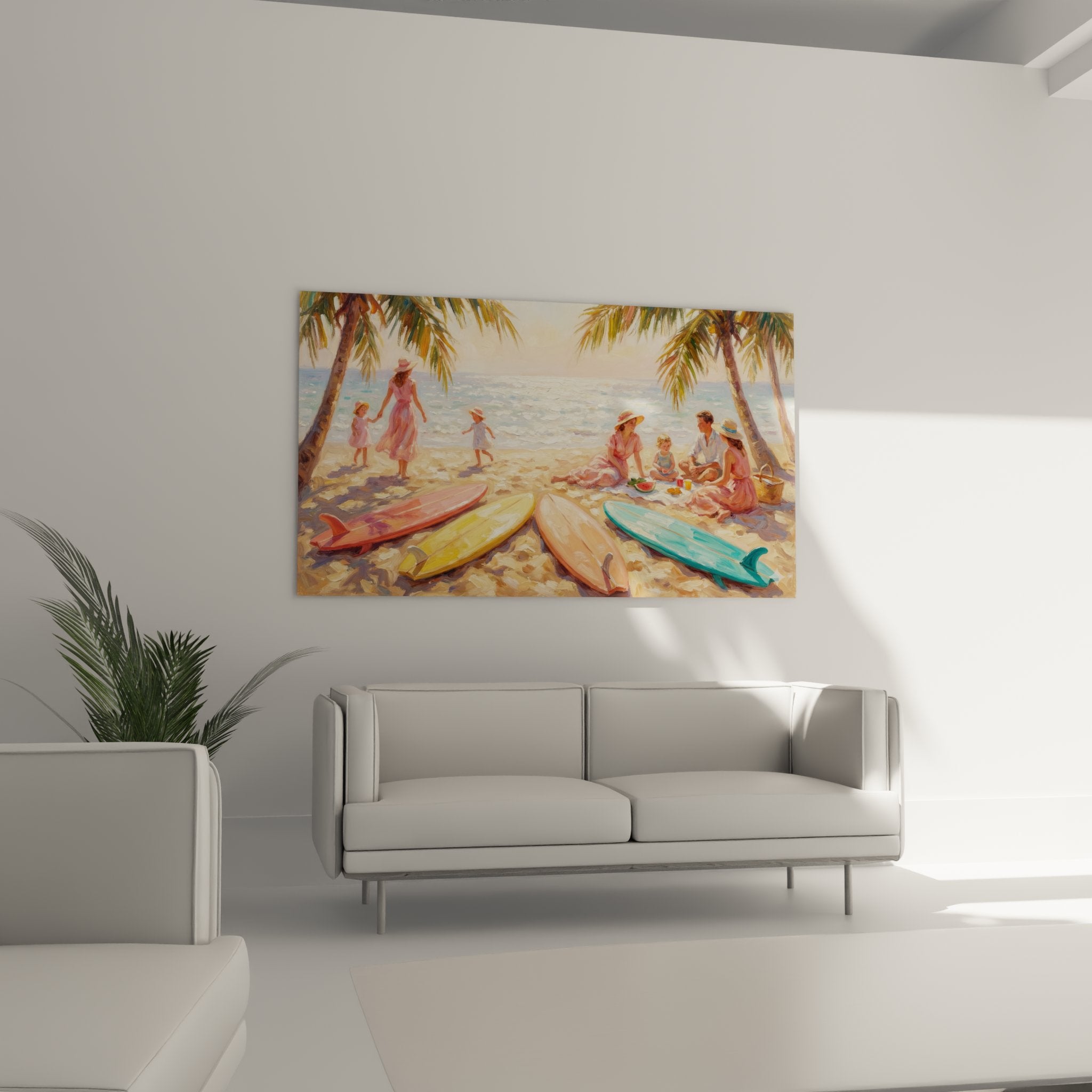 Detail tableau planches surf colorees plage sable famille palmiers peinture art tropical surf