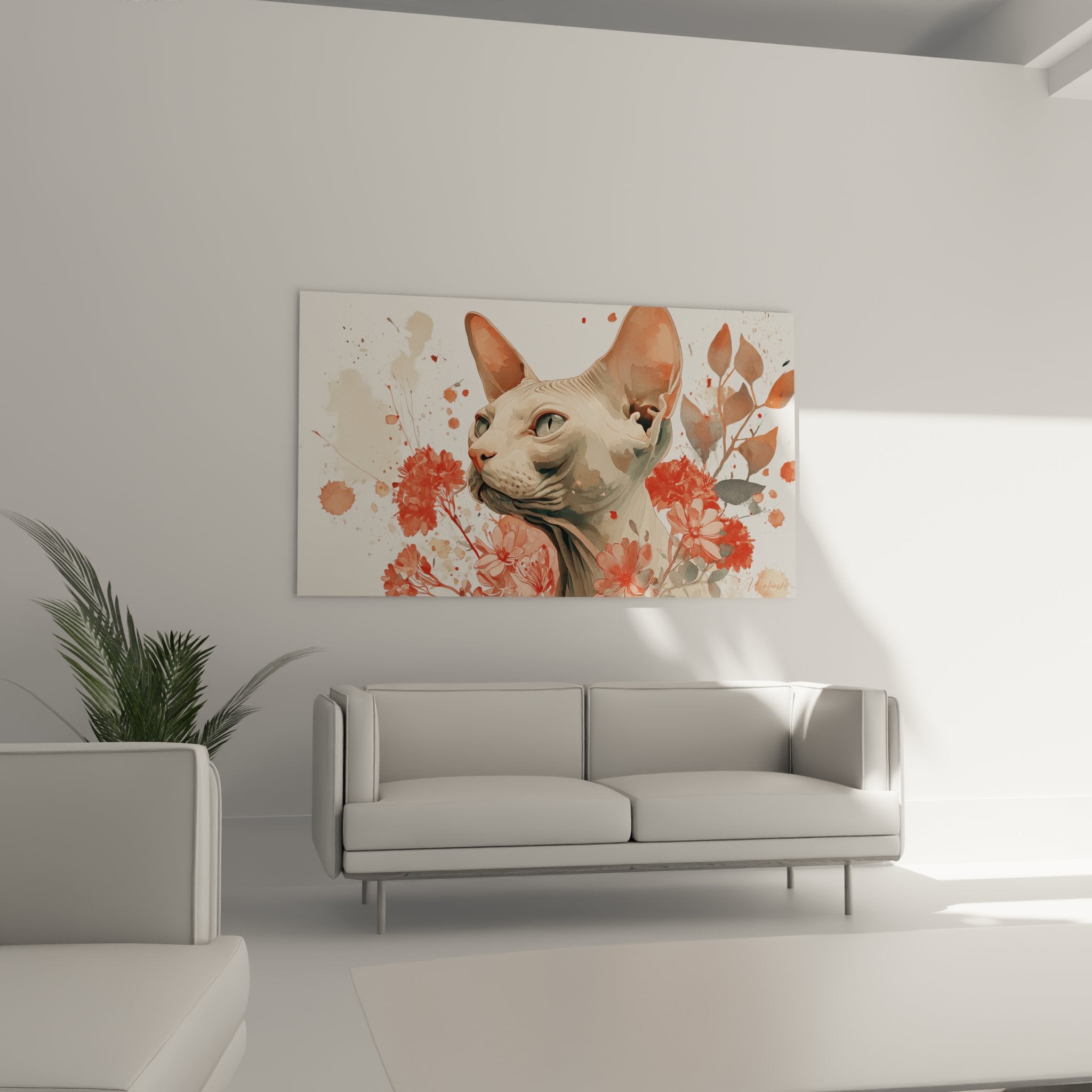 Dettaglio primo piano quadro gatto Sphynx occhi verdi fiori corallo tecnica acquerello schizzi pittura