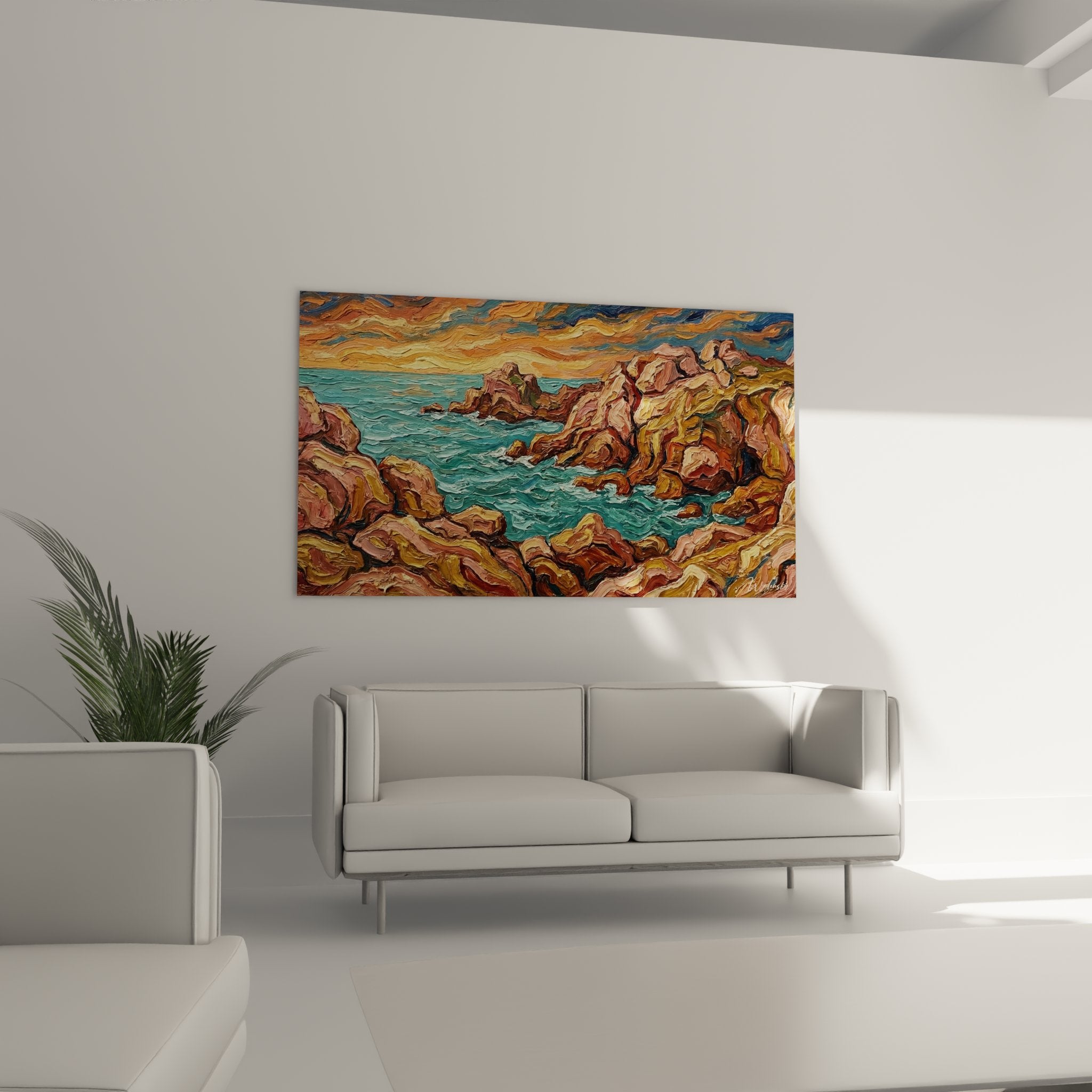 Détail peinture côte rocheuse bretonne montrant la technique d'empâtement et les nuances colorées des rochers