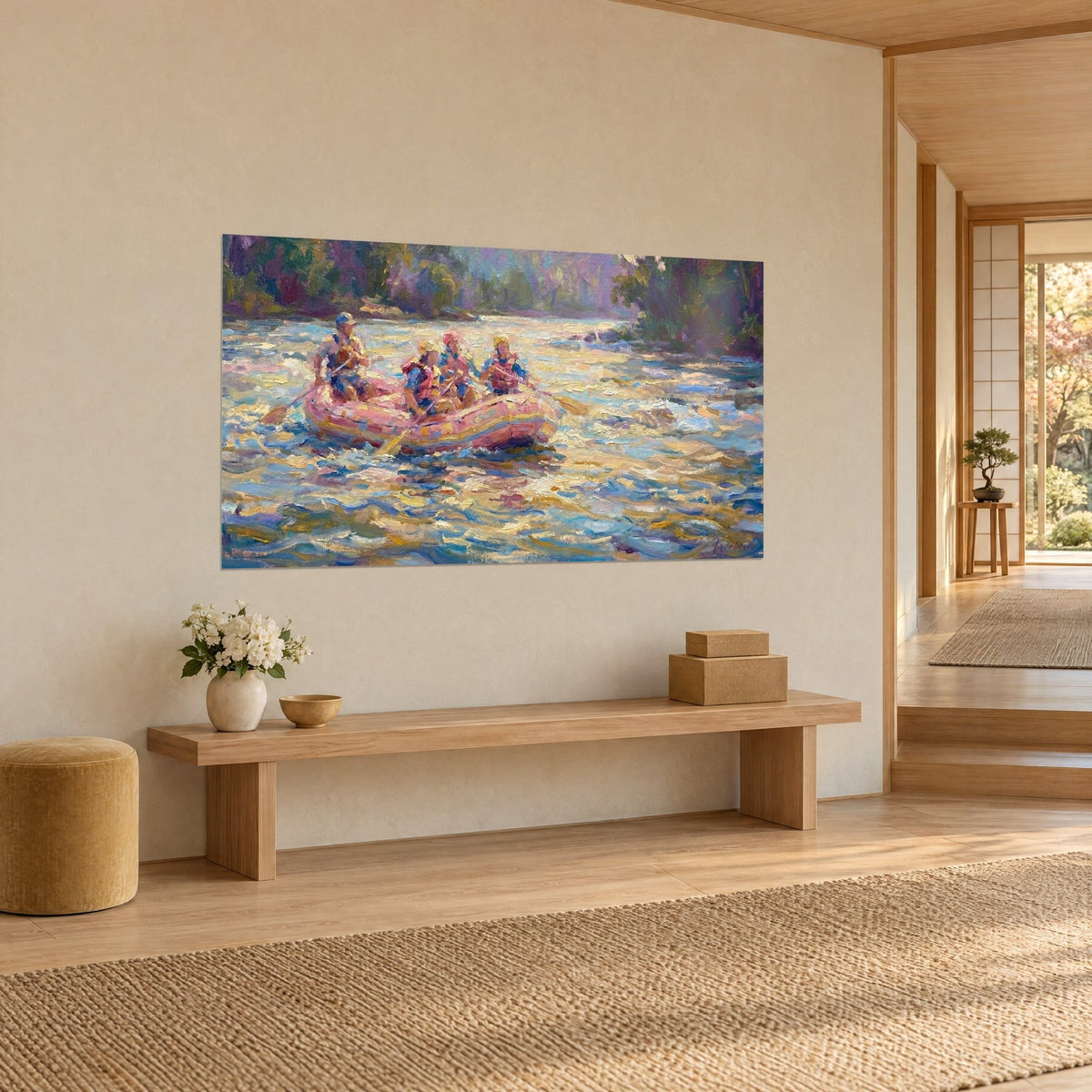 Wall art crew in life jackets paddling a shimmering river, pink, turquoise and gold, wooden bench in three-quarter view