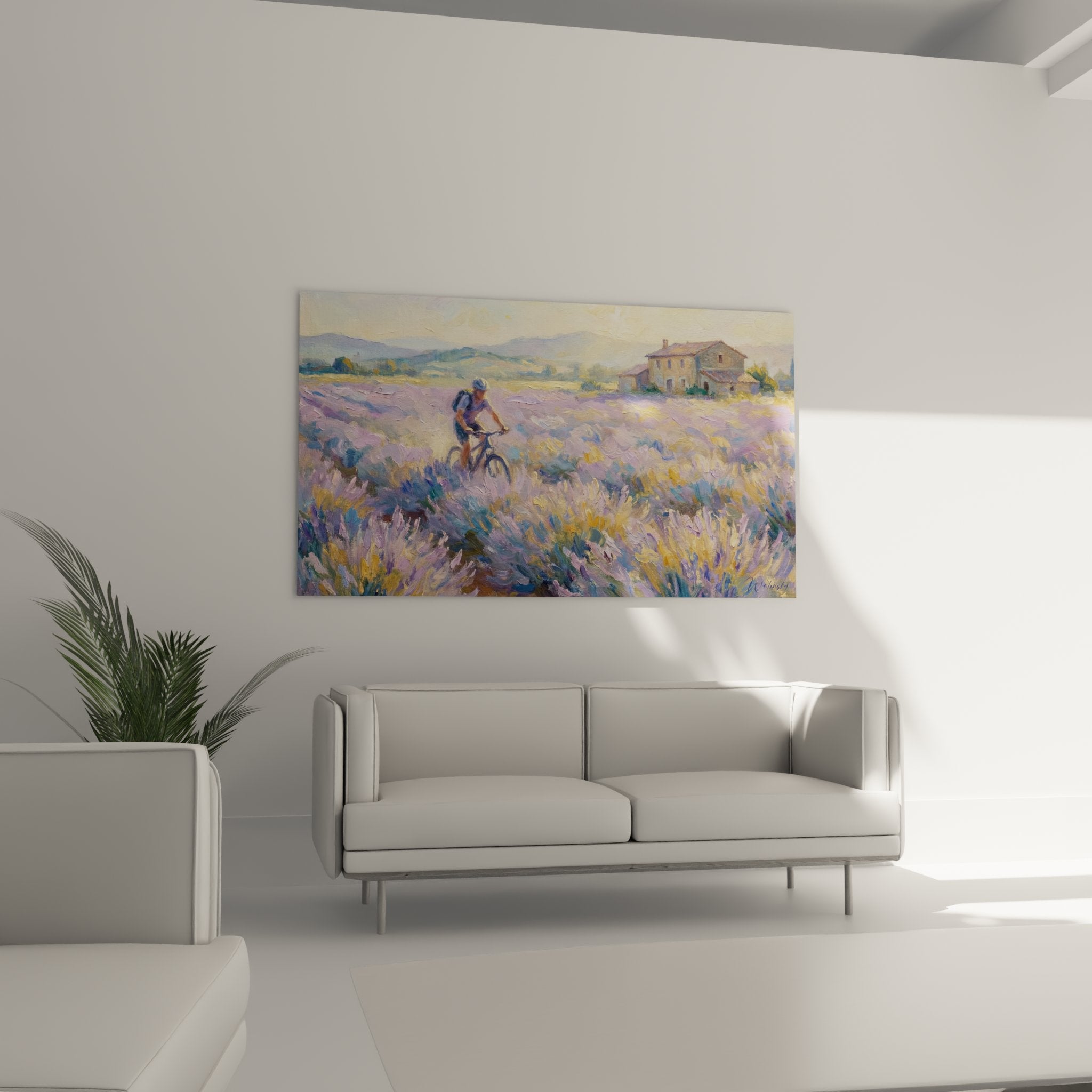 Détail peinture VTT Provence, technique impressionniste champs lavande violets et cycliste