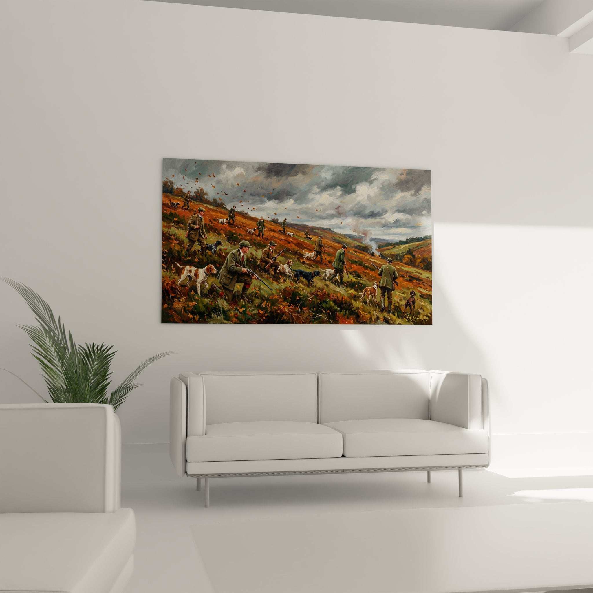 Détail du tableau battue au faisan montrant chasseurs en tweed et chiens d'arrêt sur terrain de bruyère