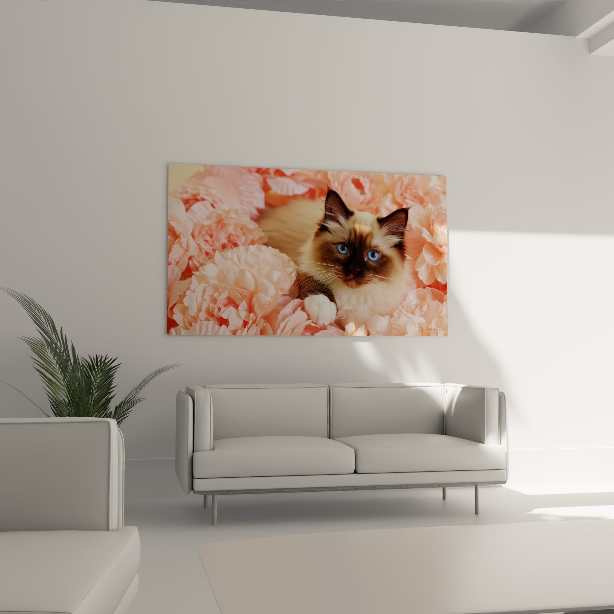 Primo piano di gattino Birmano con occhi blu affascinanti tra delicati petali di peonie rosa