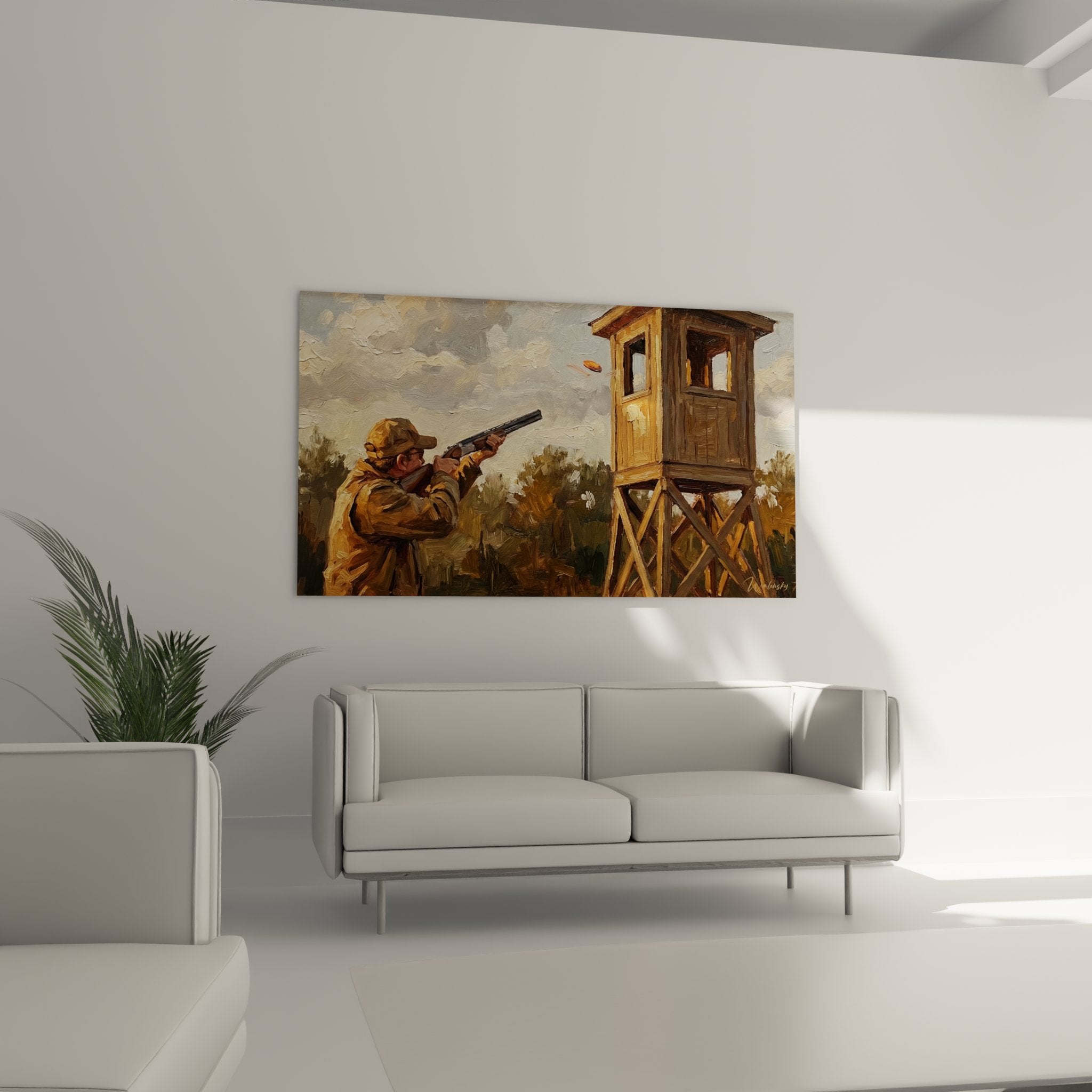 Dettaglio quadro tiro sportivo: cacciatore concentrato che mira con il fucile durante una sessione di tiro al piattello