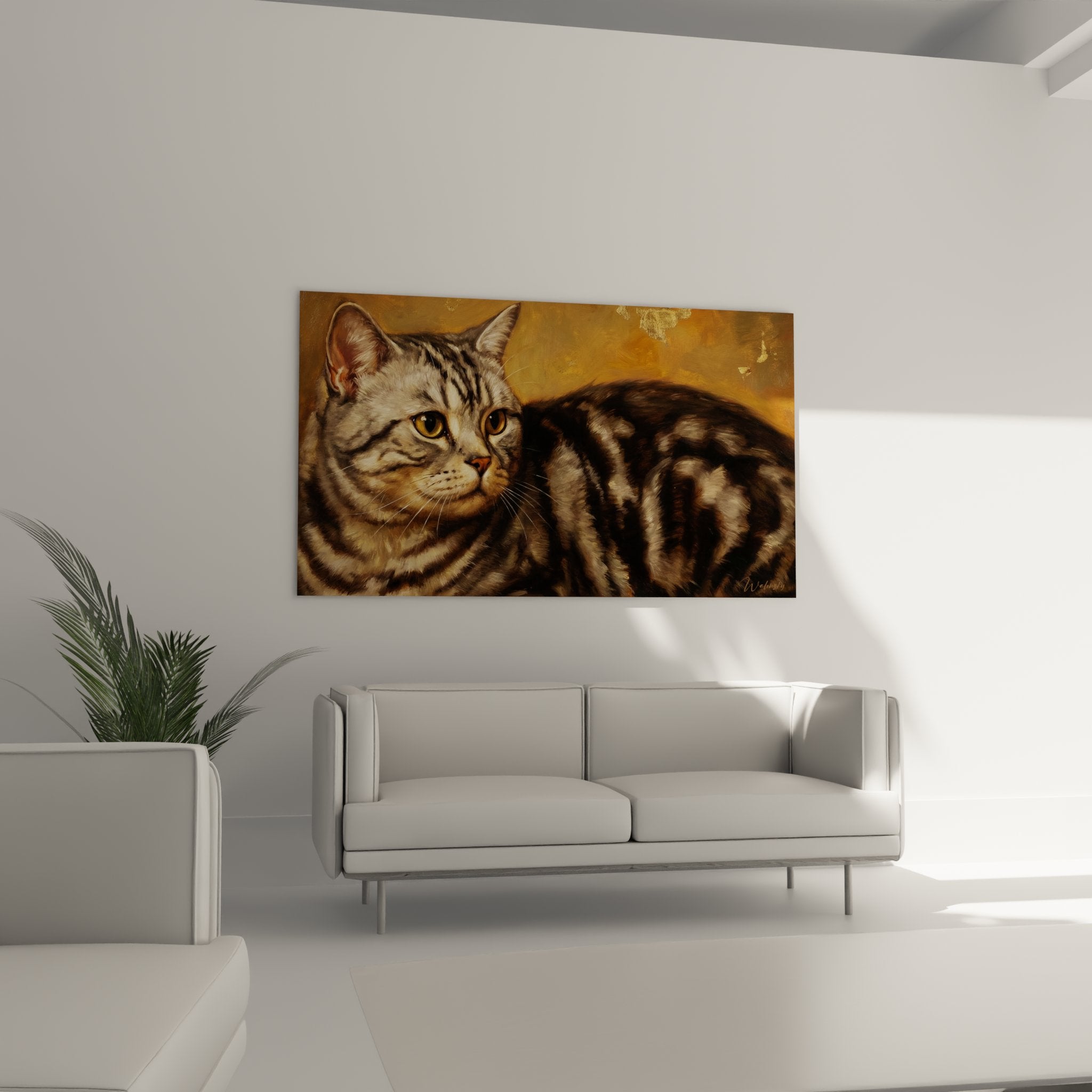 Gros plan peinture chat American Shorthair silver tabby détails pelage texture réaliste artistique