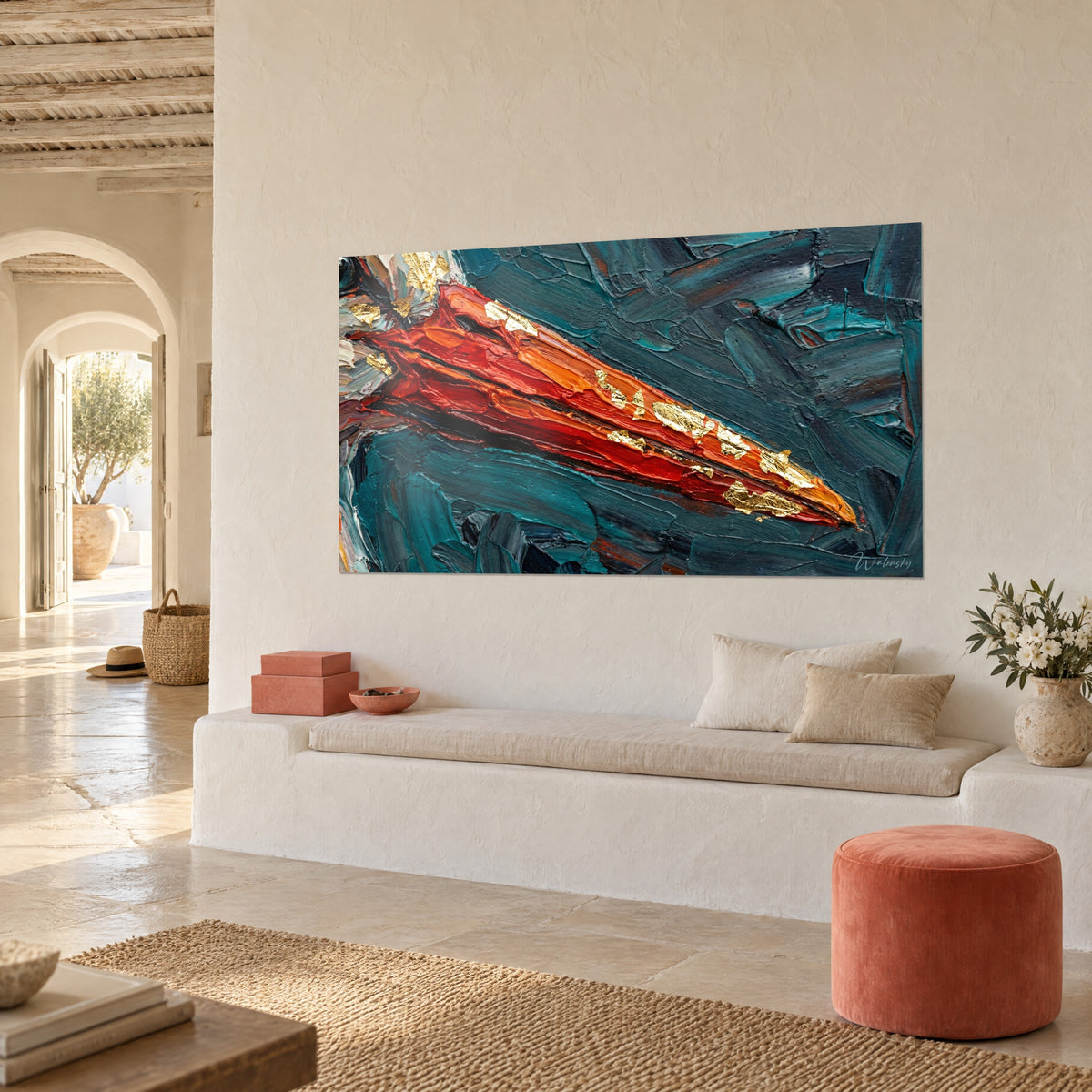 Wall art abstract oil painting of a long scarlet beak flecked with gold on dark turquoise, white banquette in an alcove