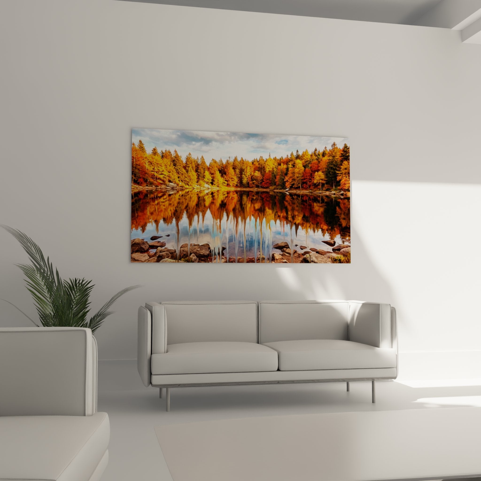 Détail tableau automne alsacien reflets dorés lac cristallin rochers naturels couleurs chaudes