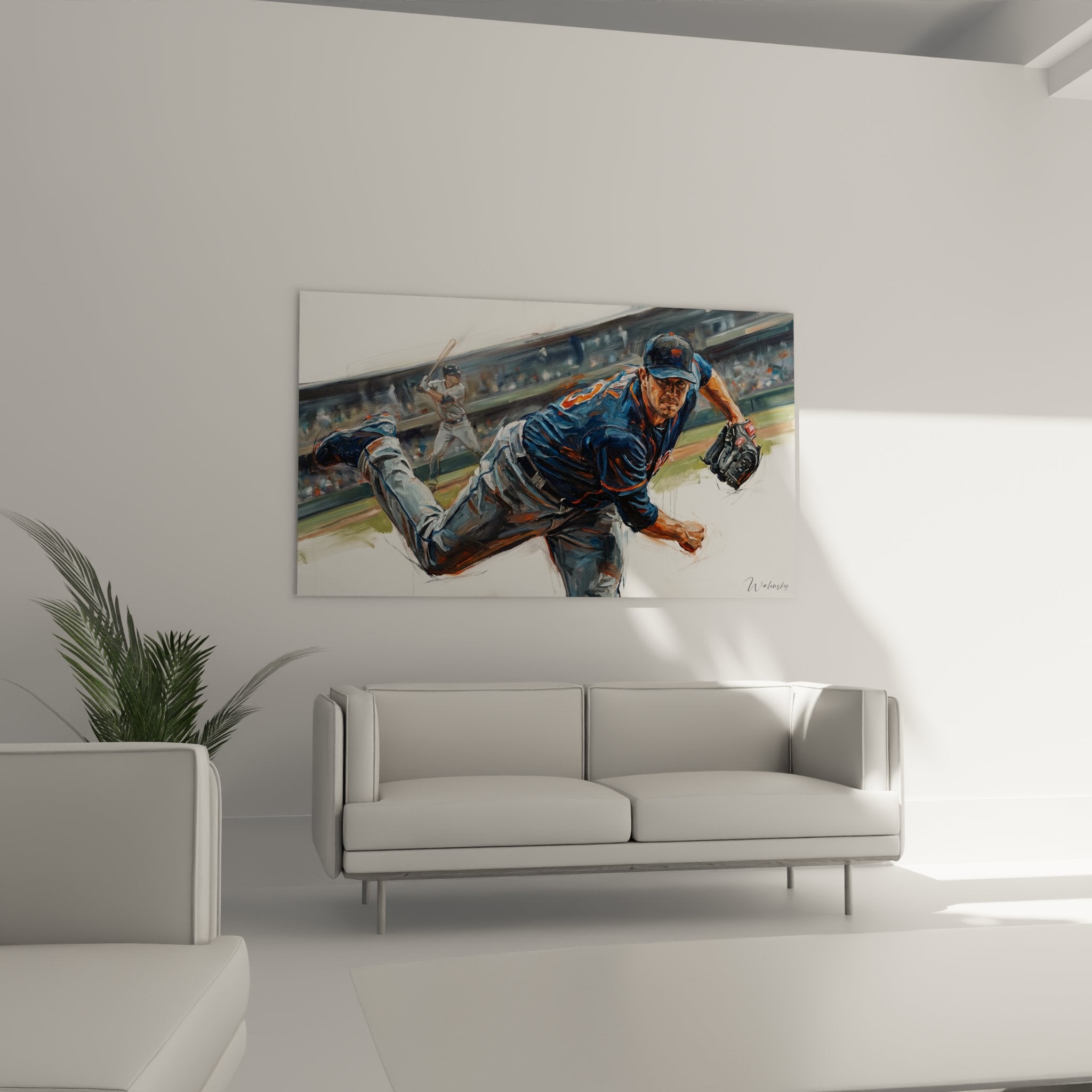 Détail tableau baseball - expression concentrée du lanceur en uniforme bleu et orange, technique picturale