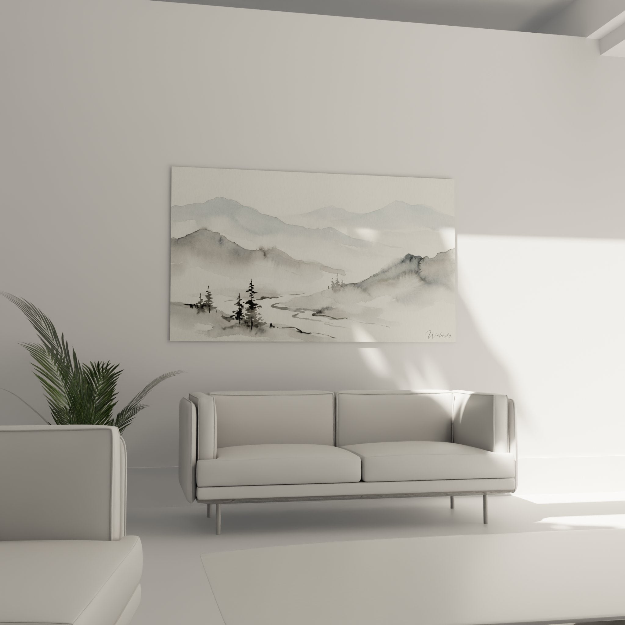 Dettaglio acquerello montagna nebbie tecnica pittura acqua sfumature grigio bianco conifere