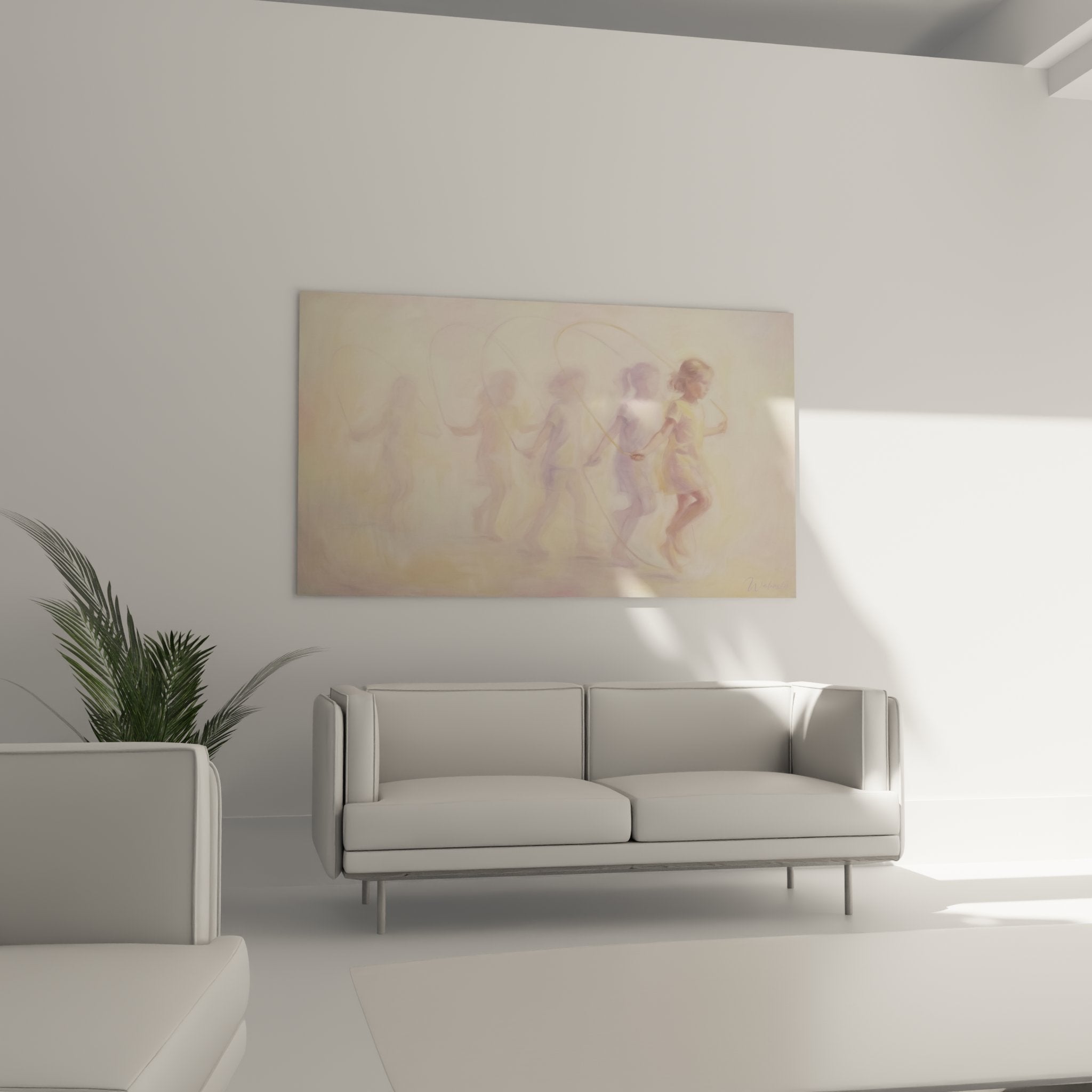 Dettaglio del quadro che mostra le silhouette delicate dei bambini che danzano in tonalità pastello