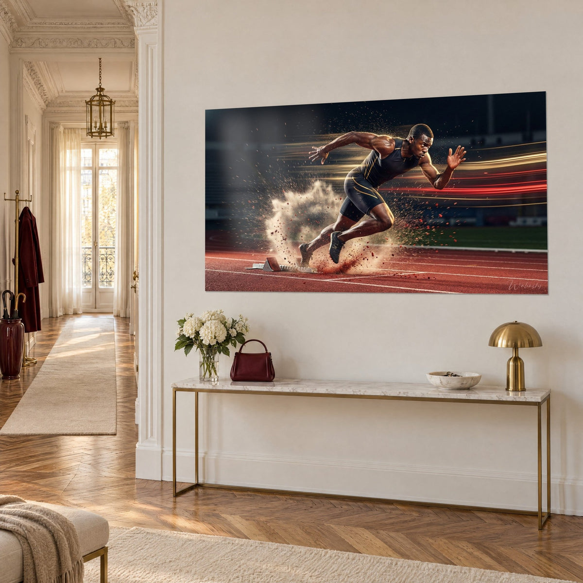 Tableau athlète musclé en tenue noire et dorée, piste rouge et poussière blanche, accroché au-dessus d'une console dorée haussmannienne
