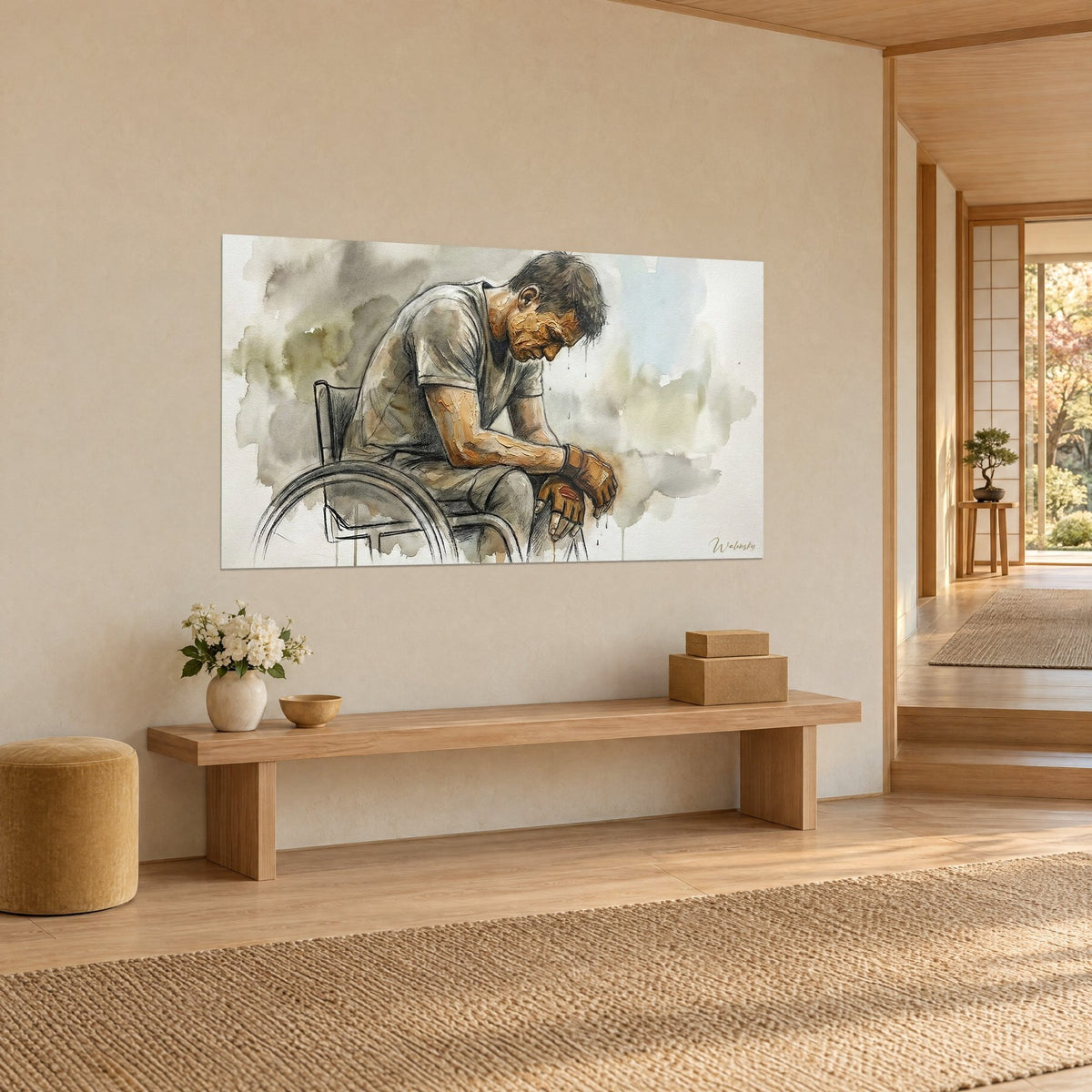 Cuadro de un deportista en silla de ruedas con guantes de cuero leonado, lavado en beige y azul pálido, sobre una pared crema en vista de tres cuartos