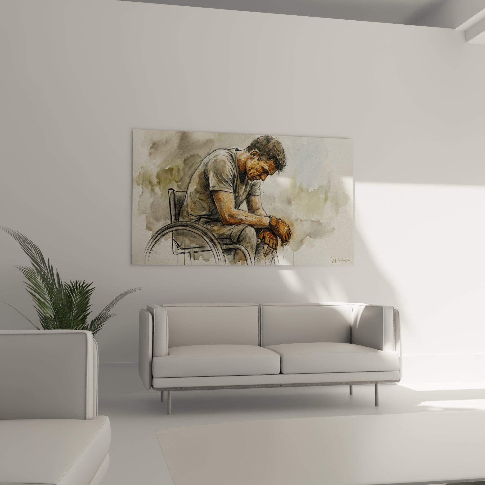 Detail rapproche peinture aquarelle athlete paralympique mains gantees et expression concentree sport adapte