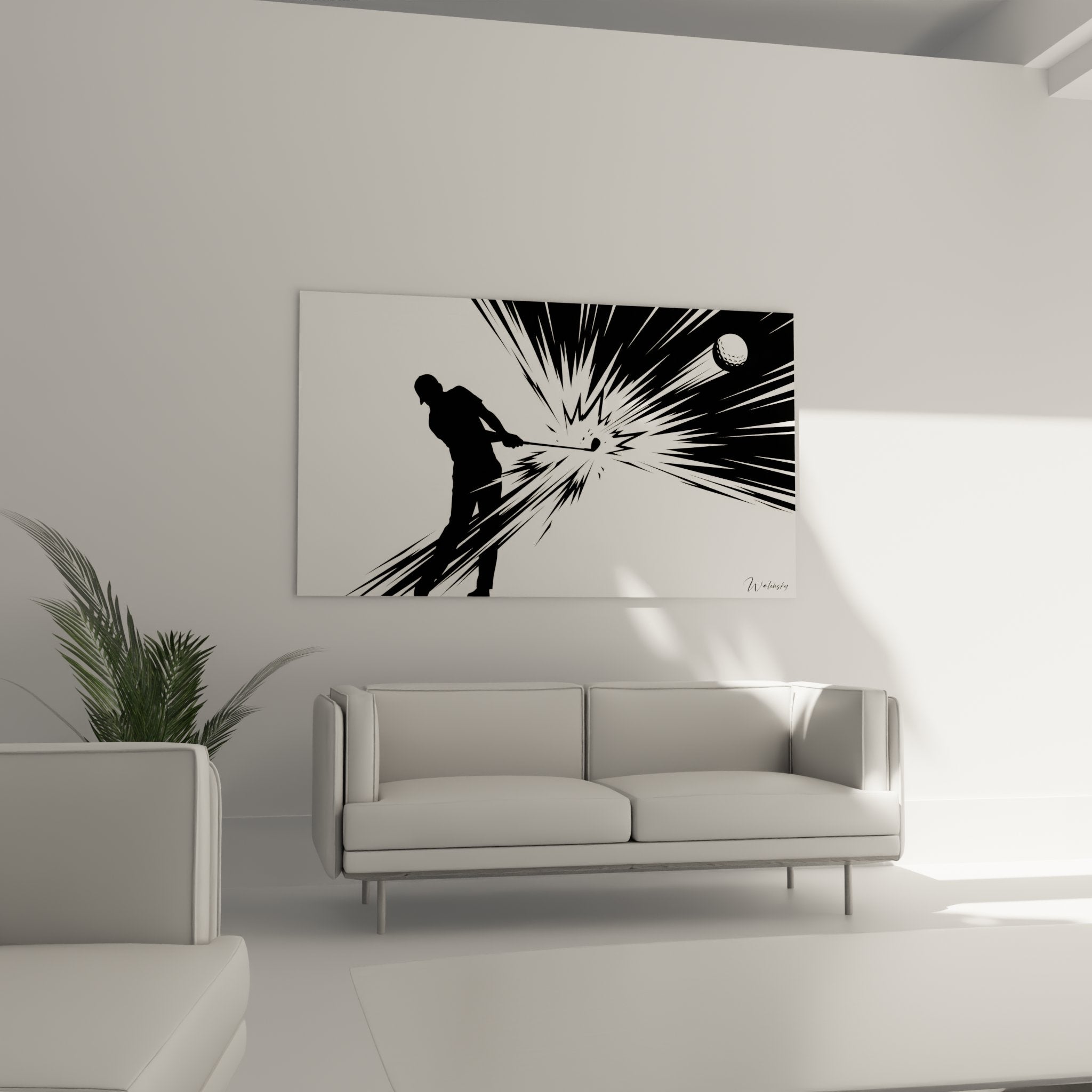 Détail tableau golf montrant silhouette golfeur et effet d'impact avec balle de golf