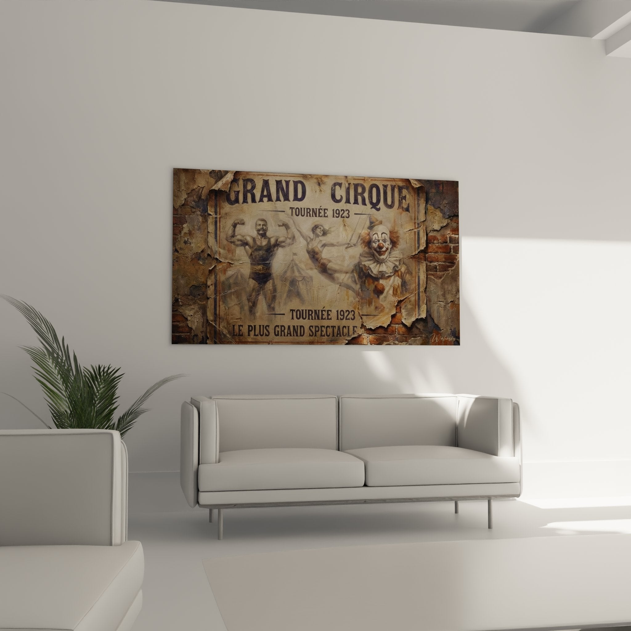 Détail affiche vintage Grand Cirque 1923 montrant textures vieillie et personnages circassiens