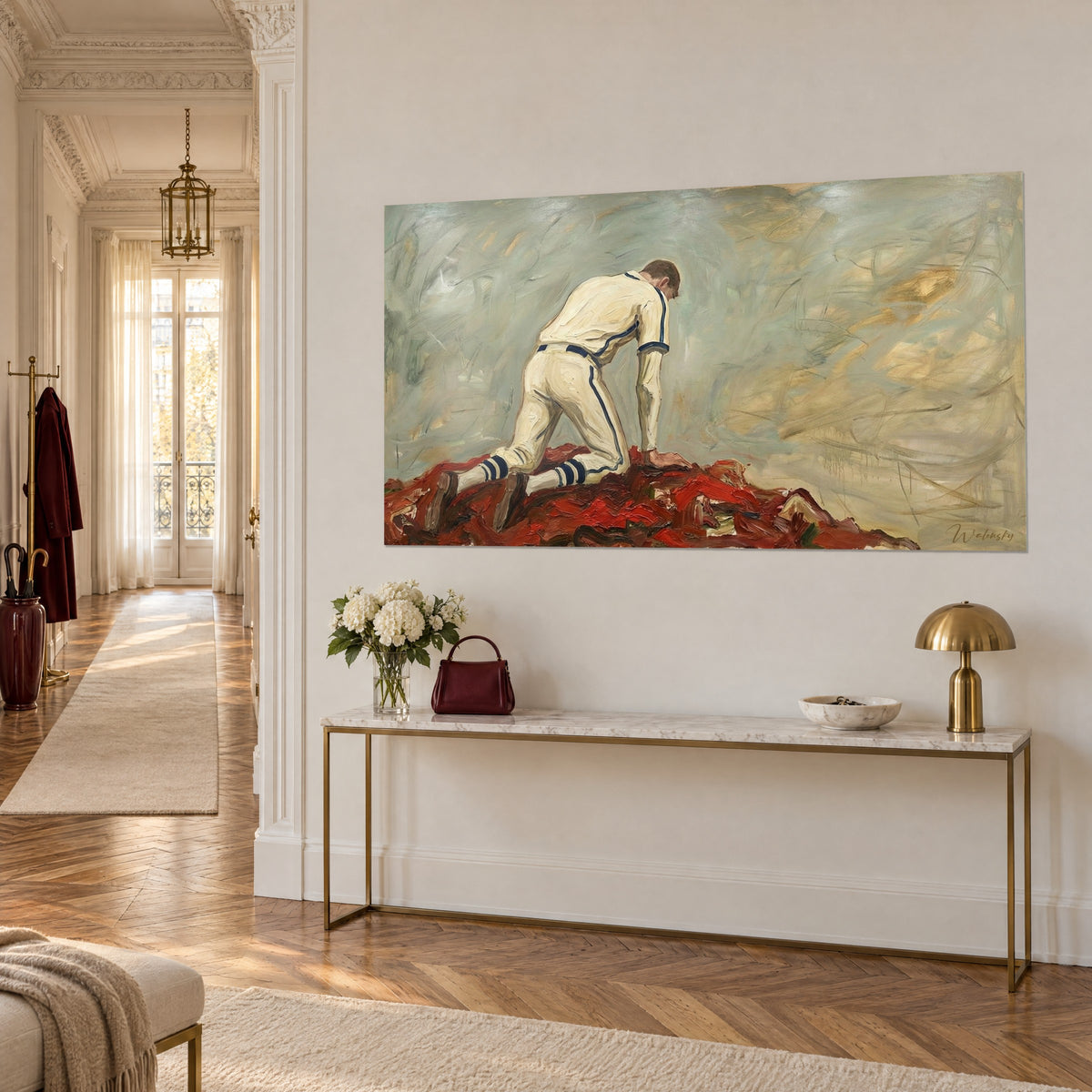 Wall art of a sportsman in ivory uniform bent toward the ground, grey-green background with broad ochre strokes, Haussmann-style wall and gilded console