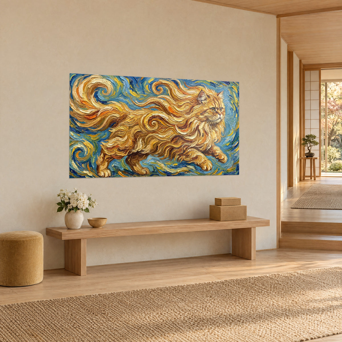 Quadro felino dal pelo lungo dorato che balza su uno sfondo di spirali azzurre e gialle, vista di tre quarti su una parete color crema