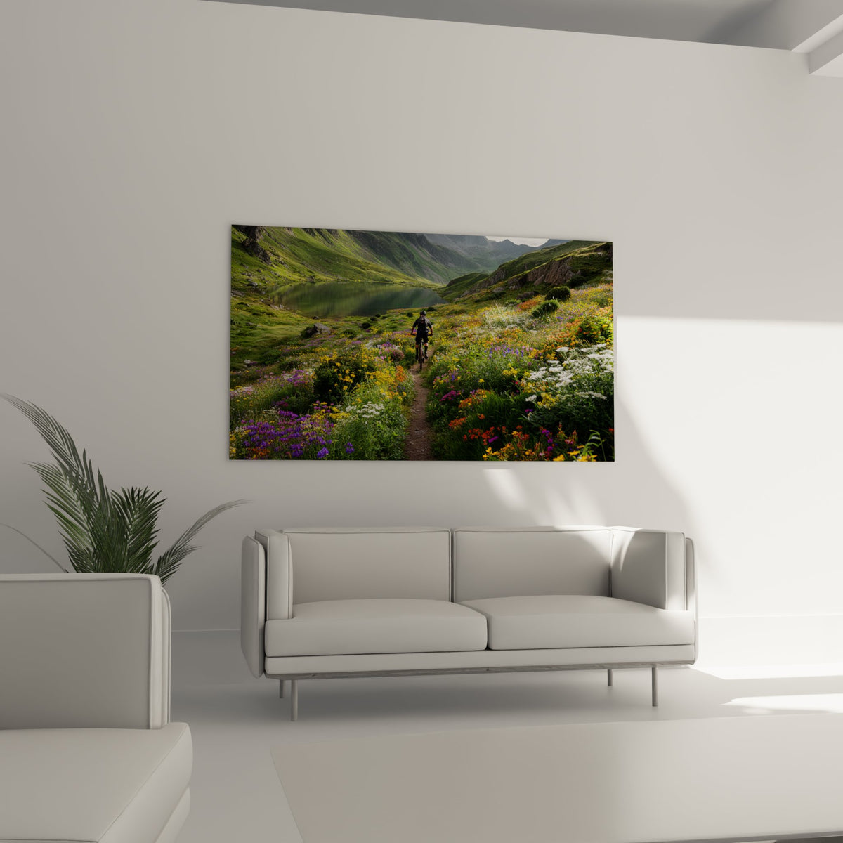 Mountain bike painting detail showing colorful alpine meadow flowers with cycling trail and mountain lake reflections