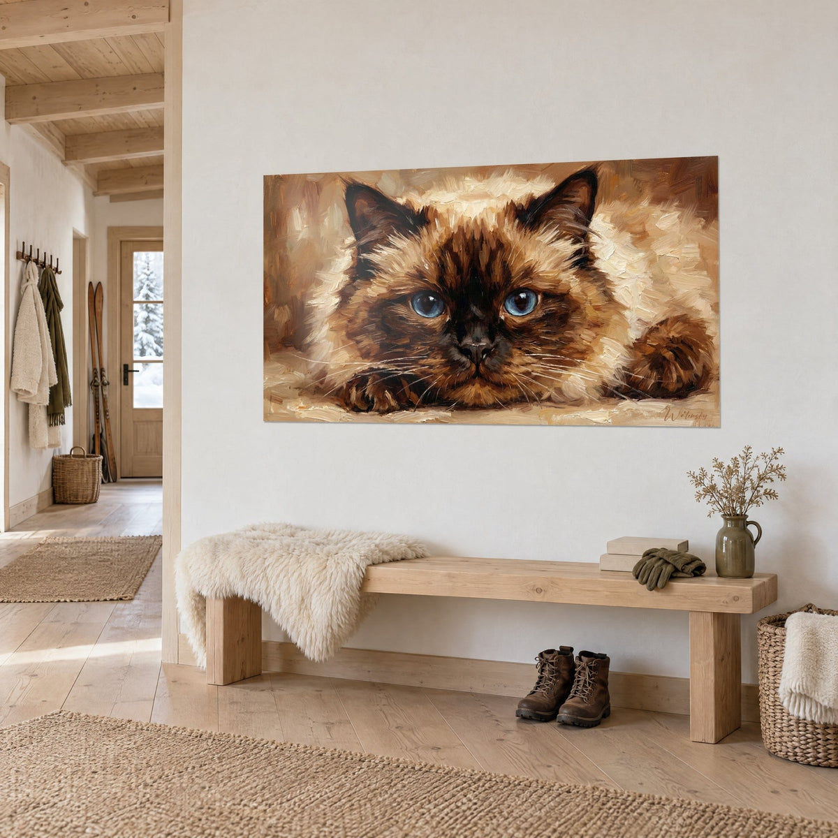 Gemälde Porträt einer Langhaar-Siamkatze, dunkelbraune Schnauze und cremefarbenes Fell in pastosen Pinselstrichen, Holzbank im Chalet