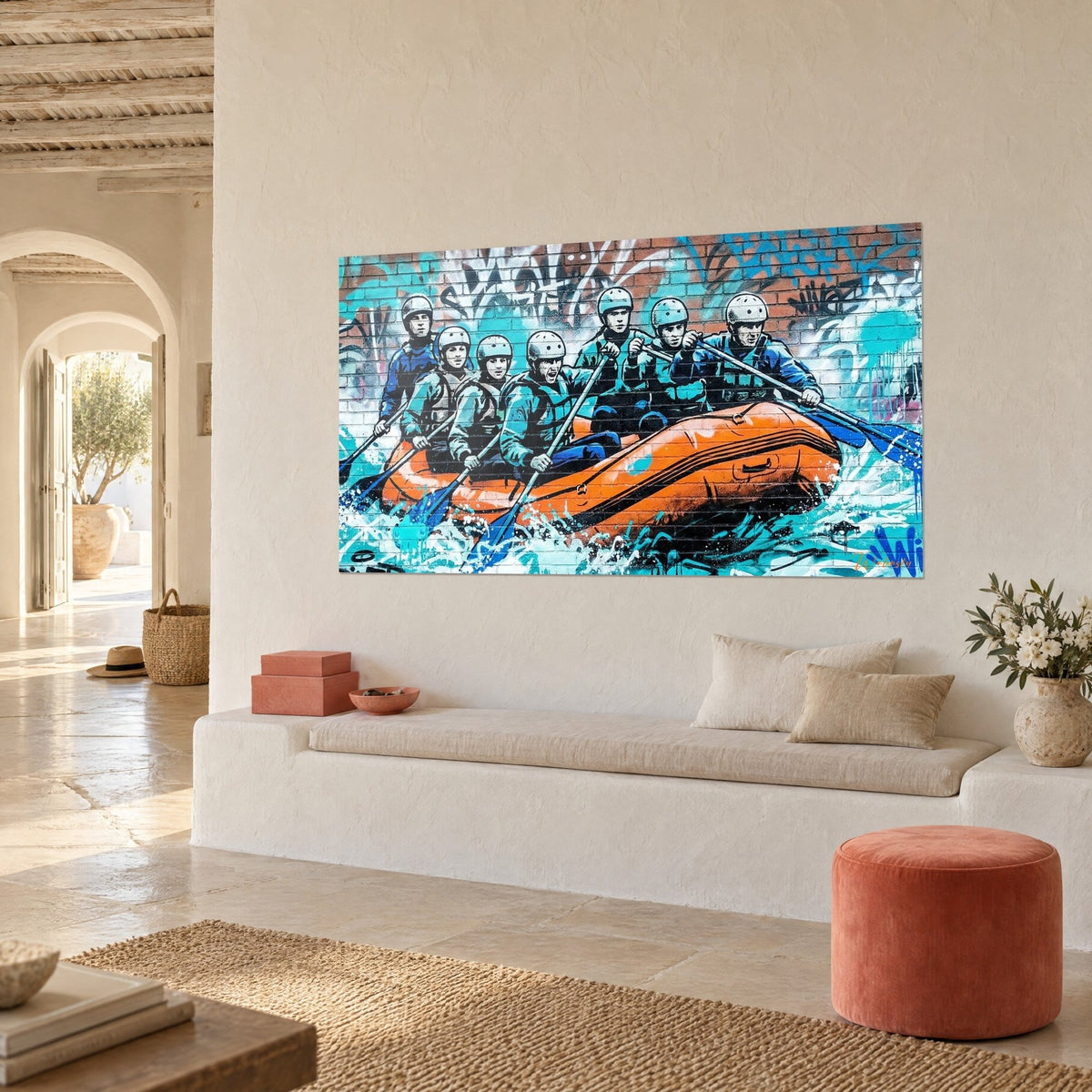 Wall art orange inflatable raft cutting through turquoise foam, graffiti on red brick, white wall of a Mediterranean house