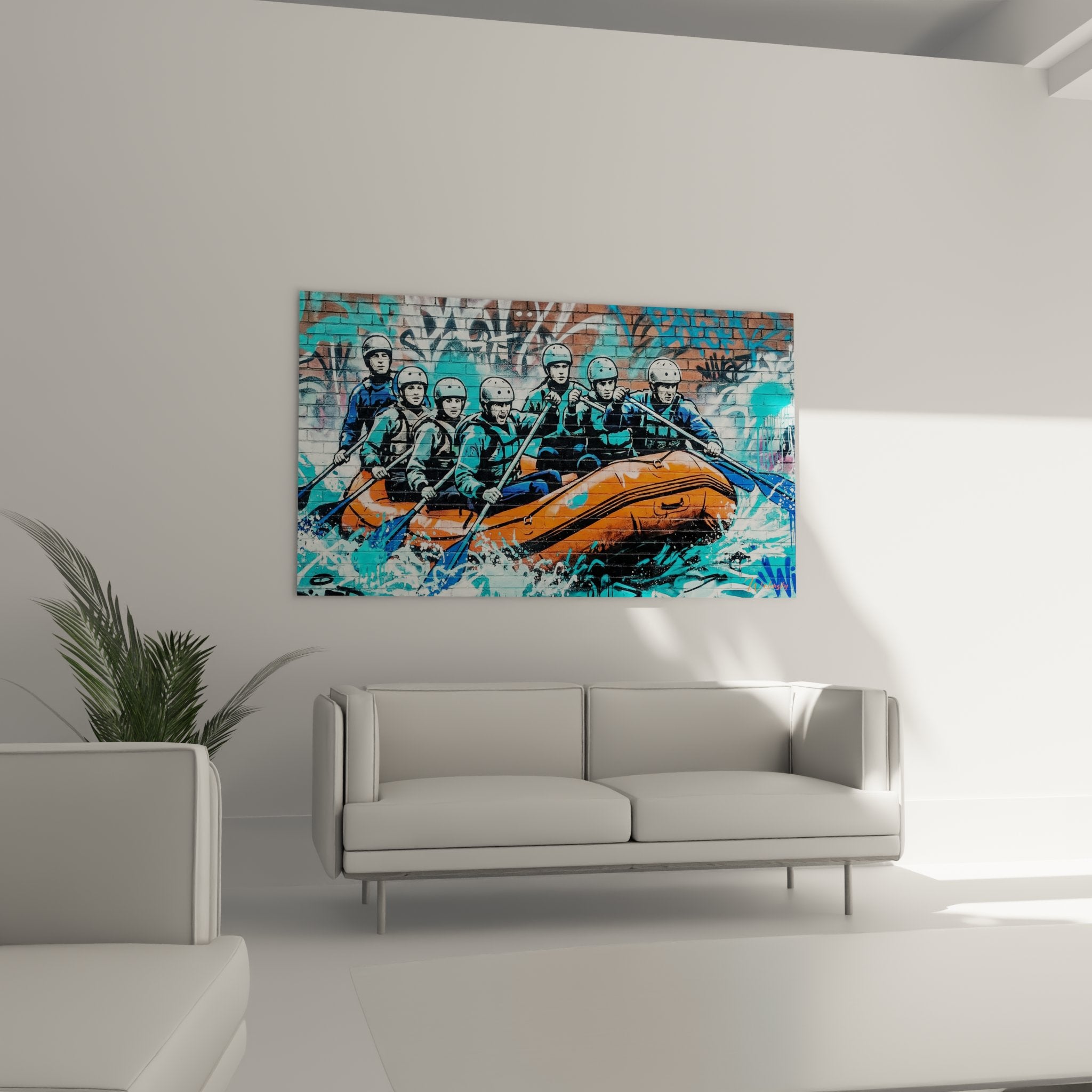 Dettaglio quadro rafting che mostra rafters con caschi e pagaie in zattera arancione arte murale