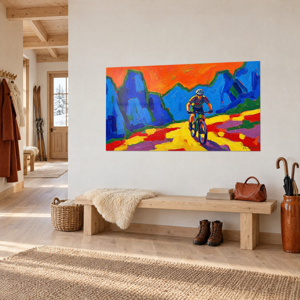 Wall art of a mountain bike rider on a saffron-yellow track, thick flat blue brushstrokes and orange sky, hung above a chalet bench