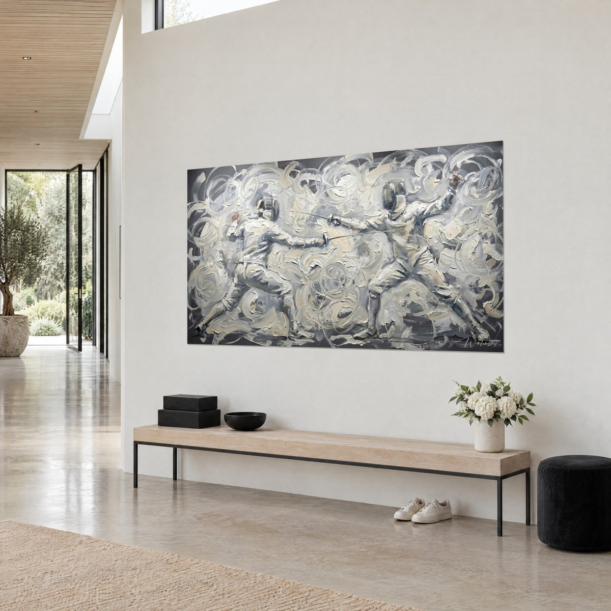 Wall art sword fighters in white jackets, slate grey background and thick cream brushstrokes, three-quarter view in a wood-paneled living room