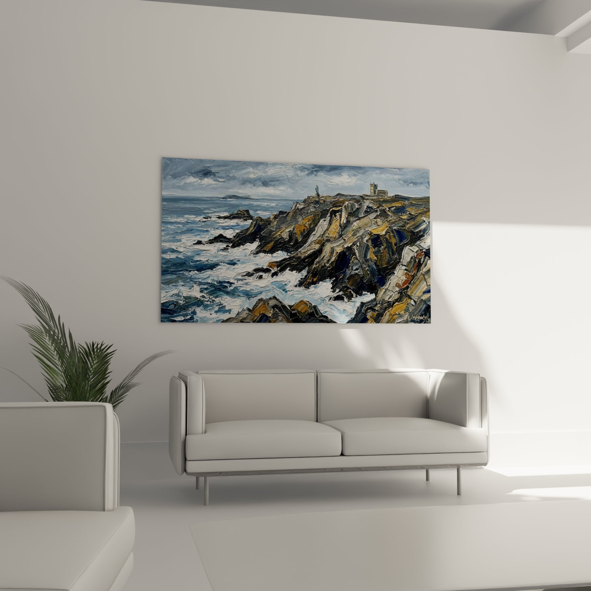 Détail texture peinture falaises bretonnes, technique artistique rochers granit et embruns océan Atlantique