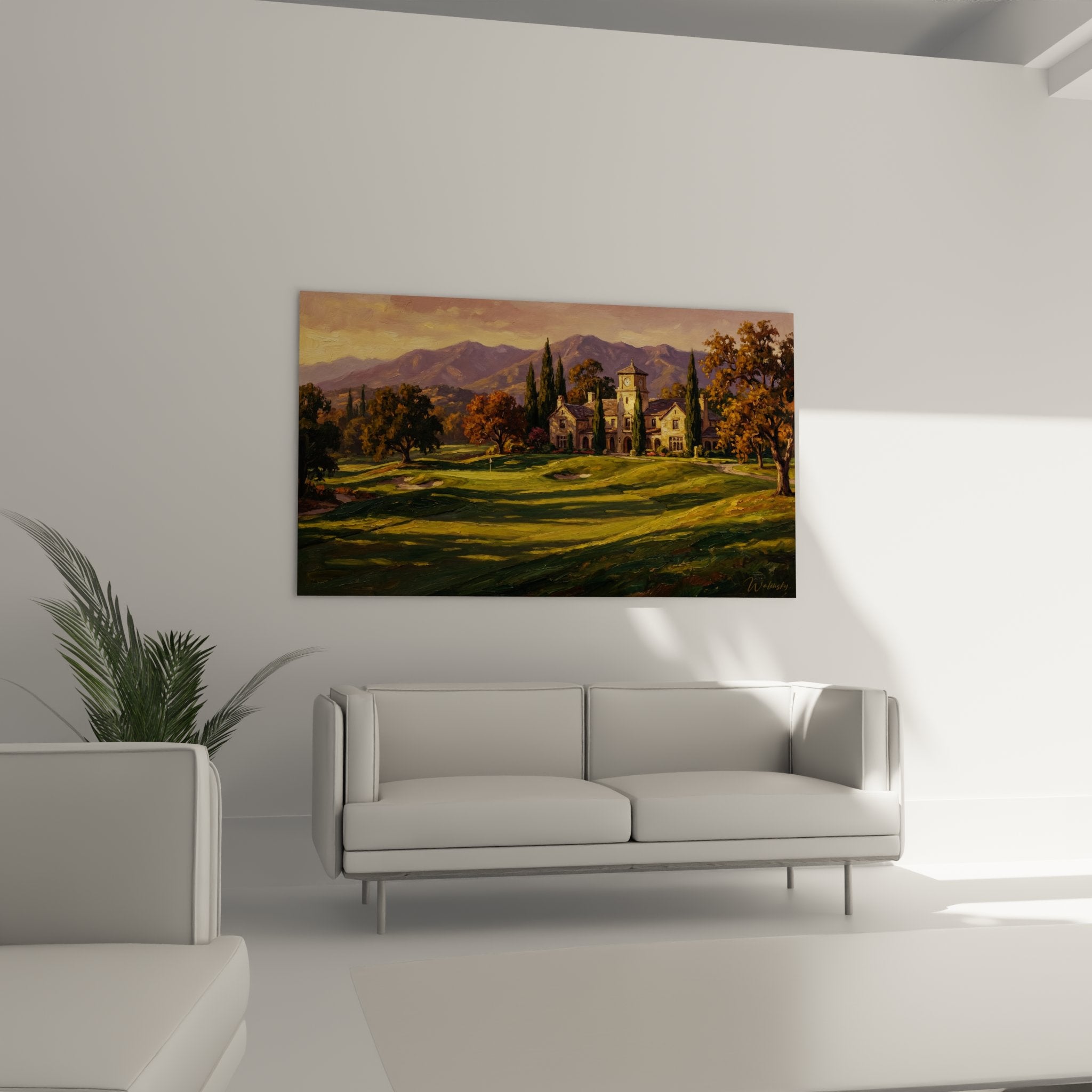 Detail tableau golf architecture club house pierre tour horloge cyprès peinture qualité