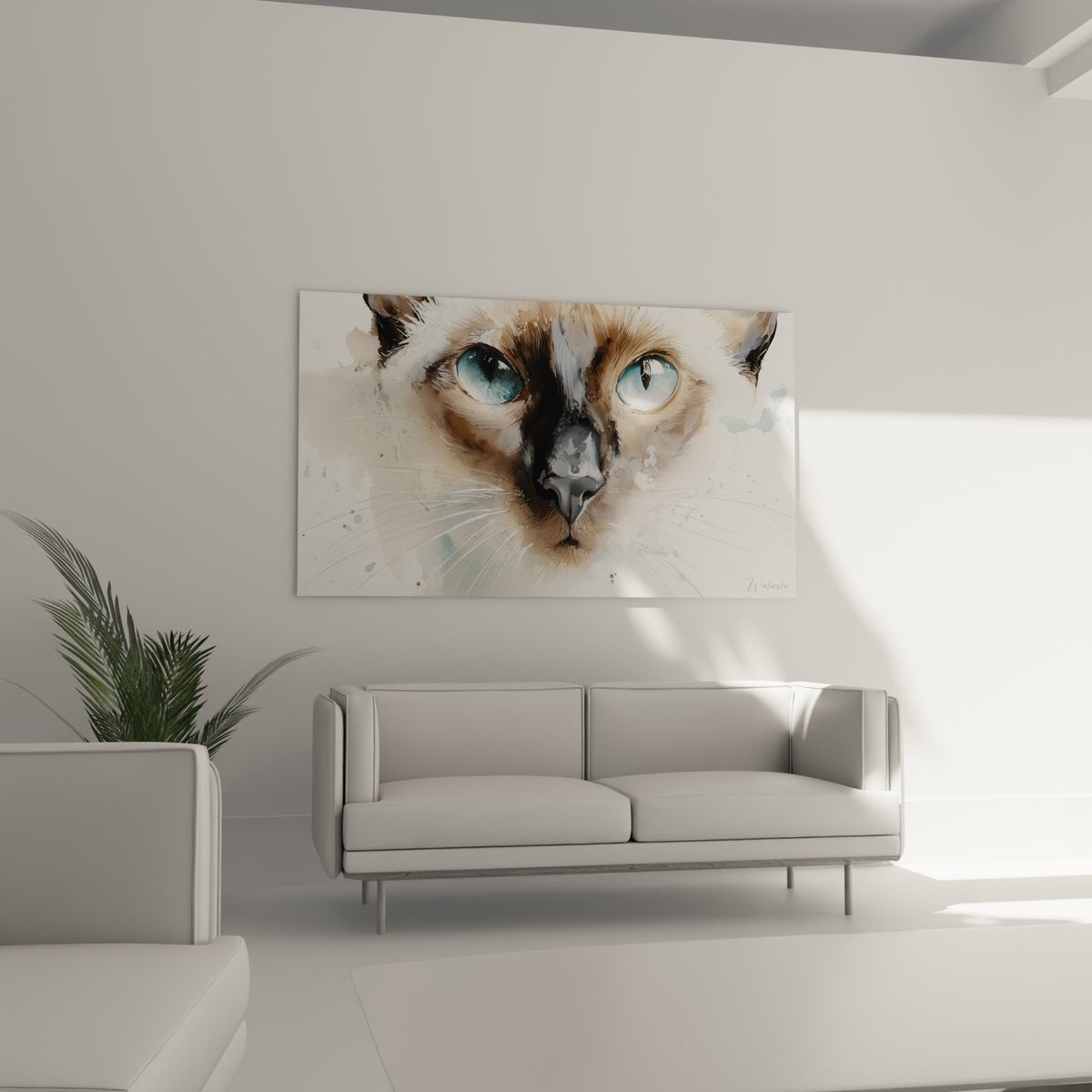 Primo piano sugli occhi blu azzurri del gatto Tonkinese, dettagli acquerello e tecnica artistica raffinata