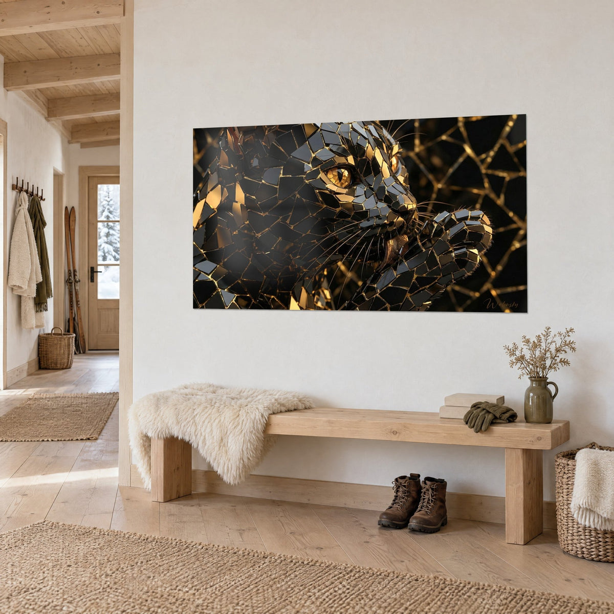 Wall art Bombay cat in ebony glass mosaic, golden veins and fine whiskers, three-quarter view in a chalet