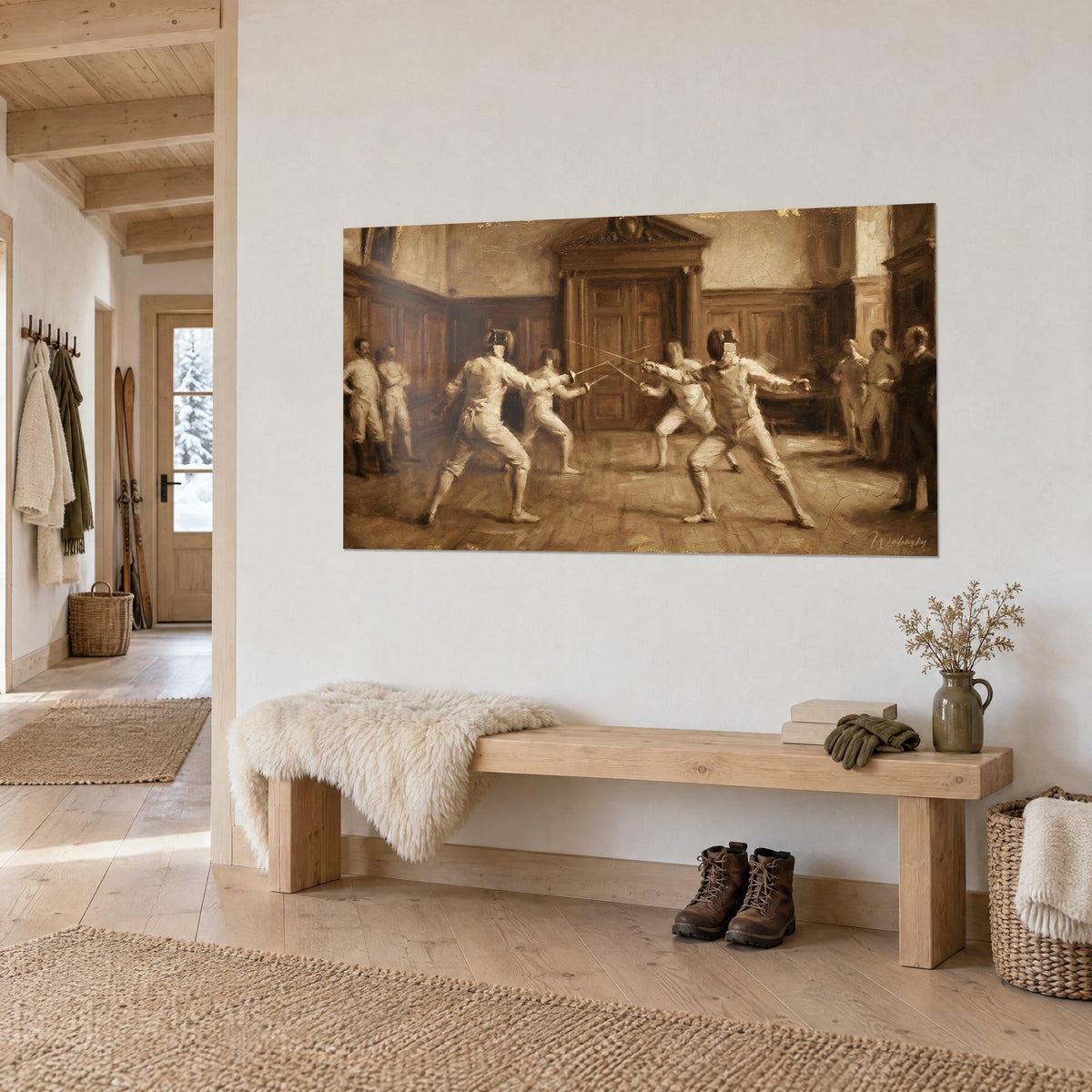 Tableau duel d'épées dans un salon boisé aux teintes sépia et ivoire, spectateurs en retrait, accroché au-dessus d'un banc de chalet