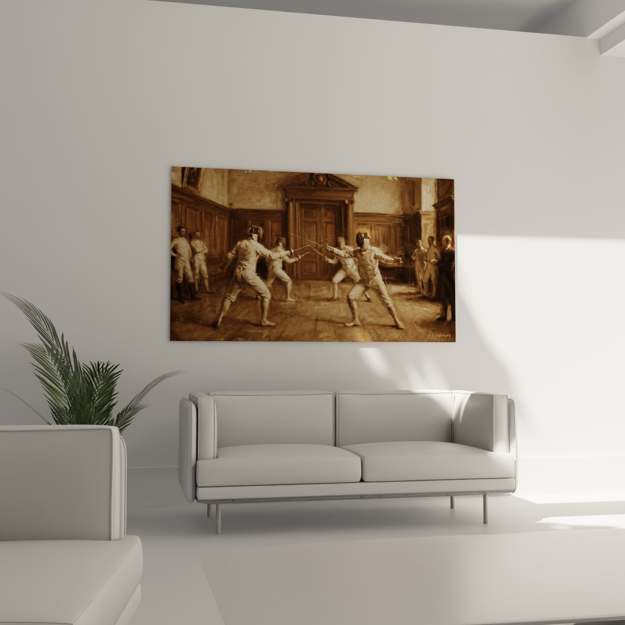 Fencing artwork detail - crossed swords and dynamic movements of duelists in period costume