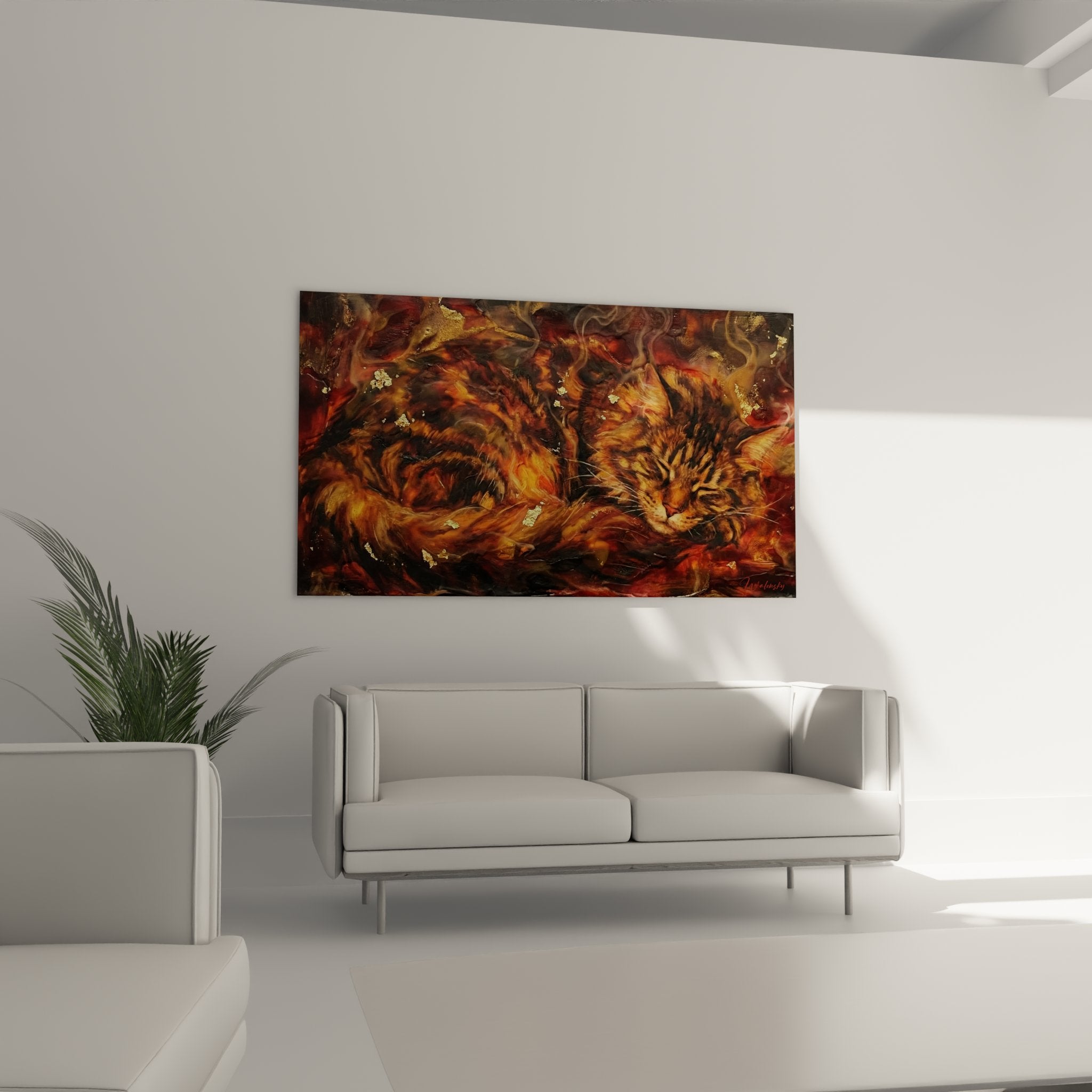 Close-up detail of the Maine Coon artwork showing textured brushwork and artistic golden effects