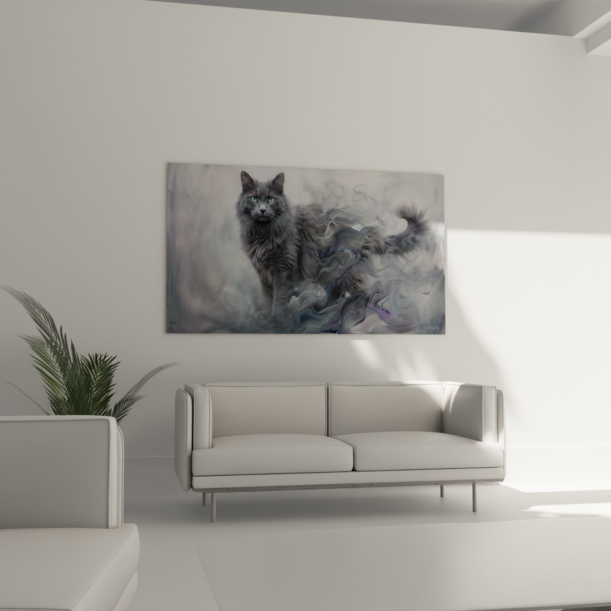Dettaglio quadro gatto Nebelung, mantello grigio-blu setoso e occhi verde smeraldo penetranti nelle nebbie artistiche