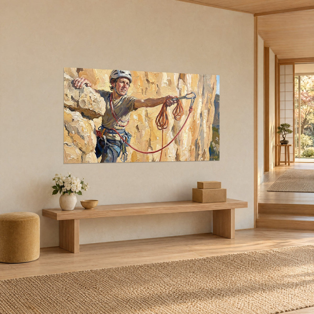 Quadro di una cordata in piena salita, moschettoni argentati e corda rossa su una parete dorata, vista di tre quarti, muro beige