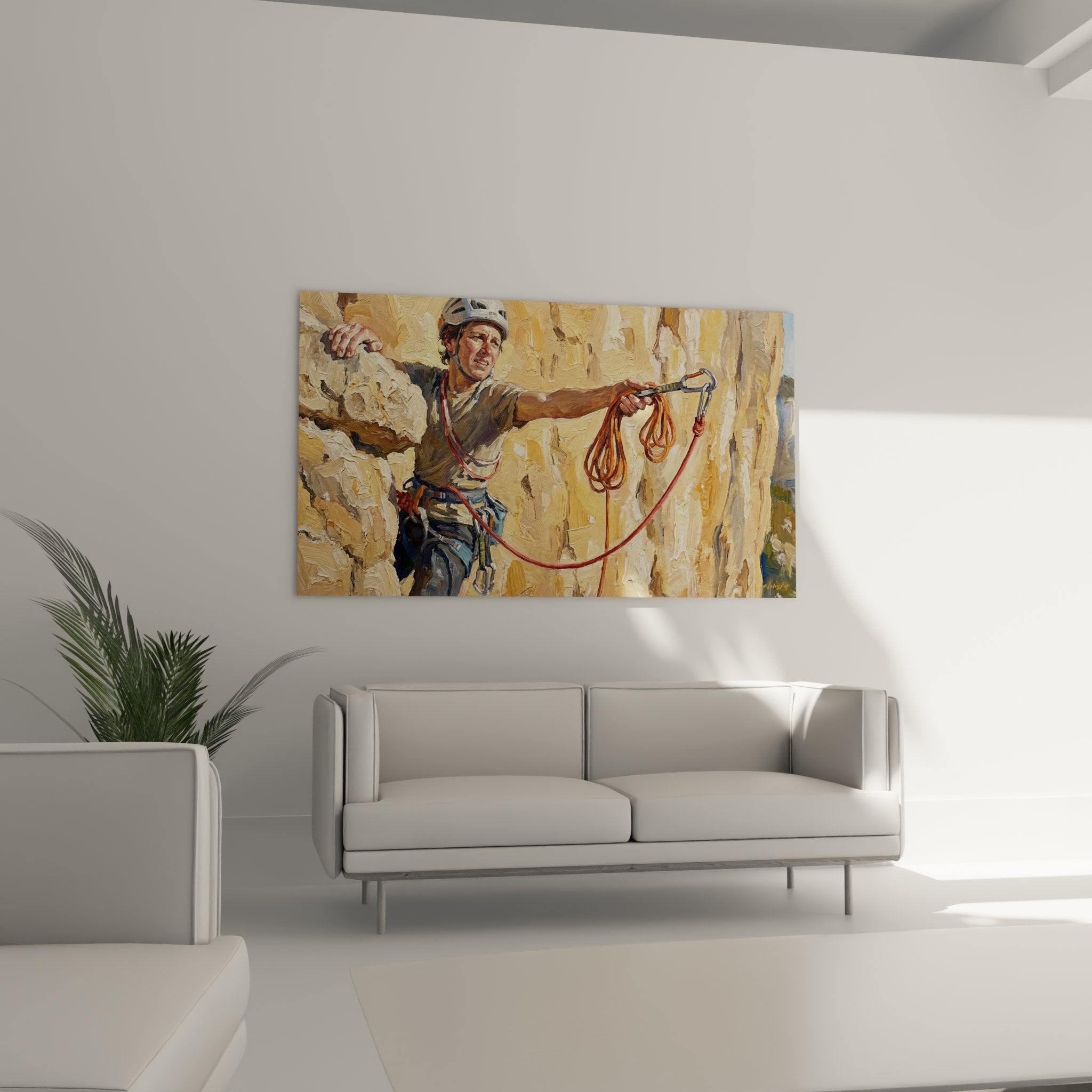 Detail tableau peinture grimpeur escalade technique picturale realiste corde equipement alpinisme art