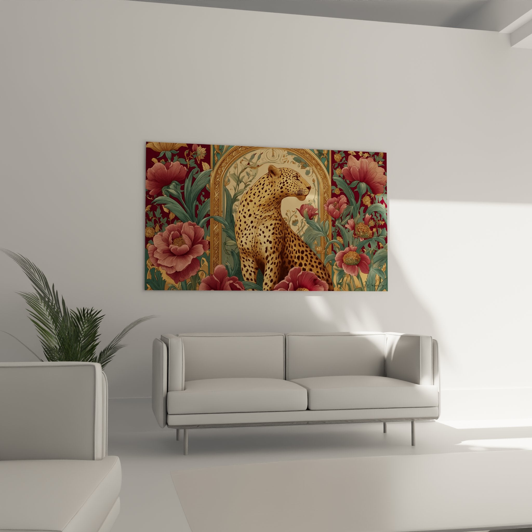 Dettaglio primo piano leopardo art déco con macchie dorate e peonie rosa dipinte delicatamente